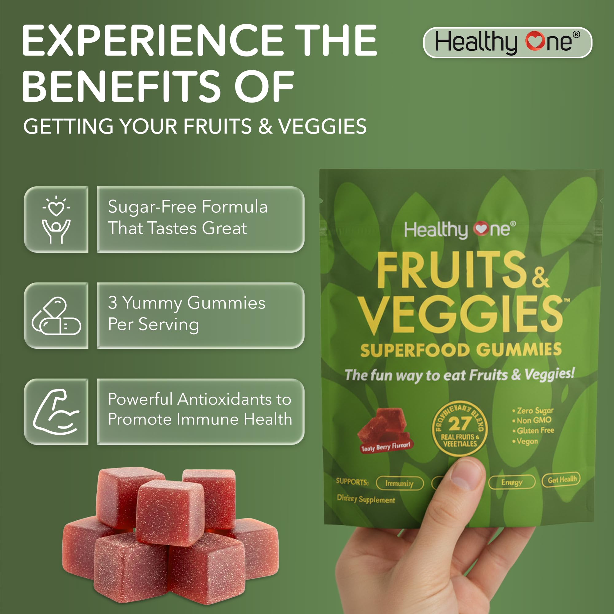 Fruits & Veggies Sugar-Free Gummies - 27 Whole Foods - Equals 3 Servings of Fruits & Vegetables - Improve Energy, Focus & Immune Function - Fiber - Antioxidants - Organic Ingredients - 14 Packets Healthy One Au supplements