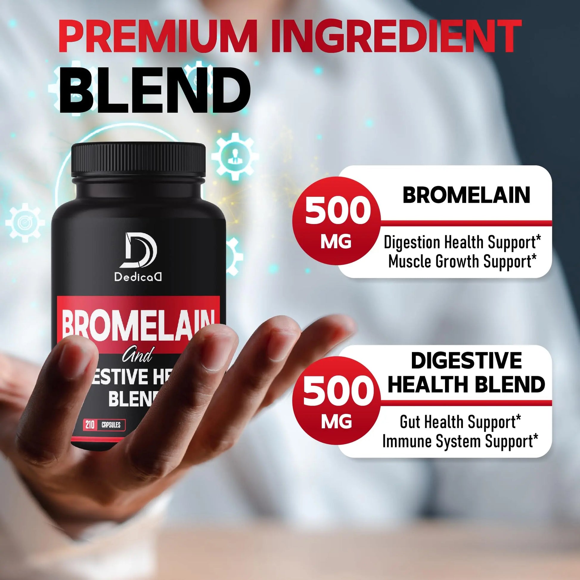 DEDICAD 6in1 Bromelain 500mg Supplement - 1000mg per Serving - 210 Capsules with Digestive Health Blend as Quercetin, Ginger, Turmeric, Papaya - Support Overall Health, Digestion & Immune System DEDICAD Au supplements