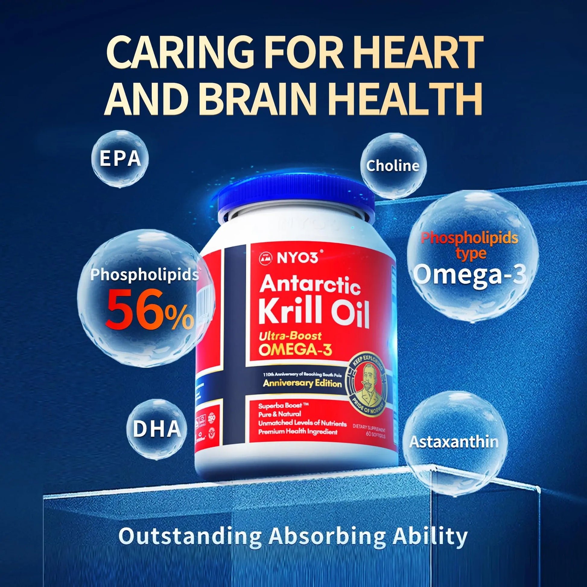 NYO3 Antarctic Krill Oil 1000mg Omega 3 Supplement, EPA & DHA, 90 Softgels Astaxanthin NYO3 Au supplements