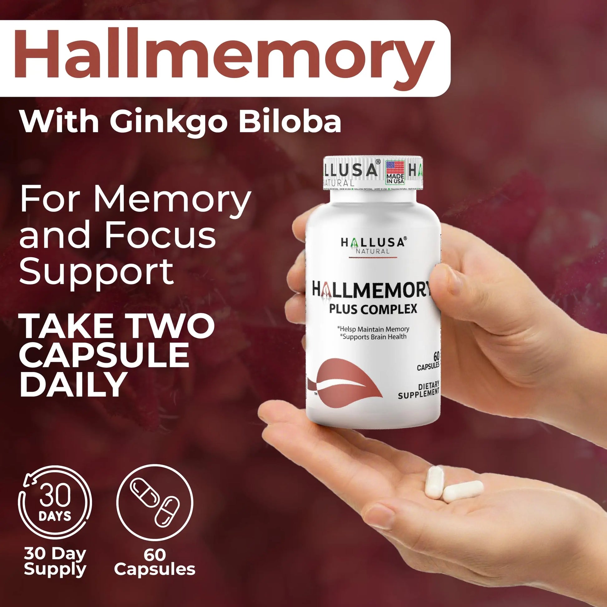 Hallusa Natural Brain Health Supplement Capsules 1680mg, Ginkgo Biloba, B Vitamins & Choline, Memory & Focus Support, Brain Booster for Men & Women, 60 Count Hallusa Natural Au supplements