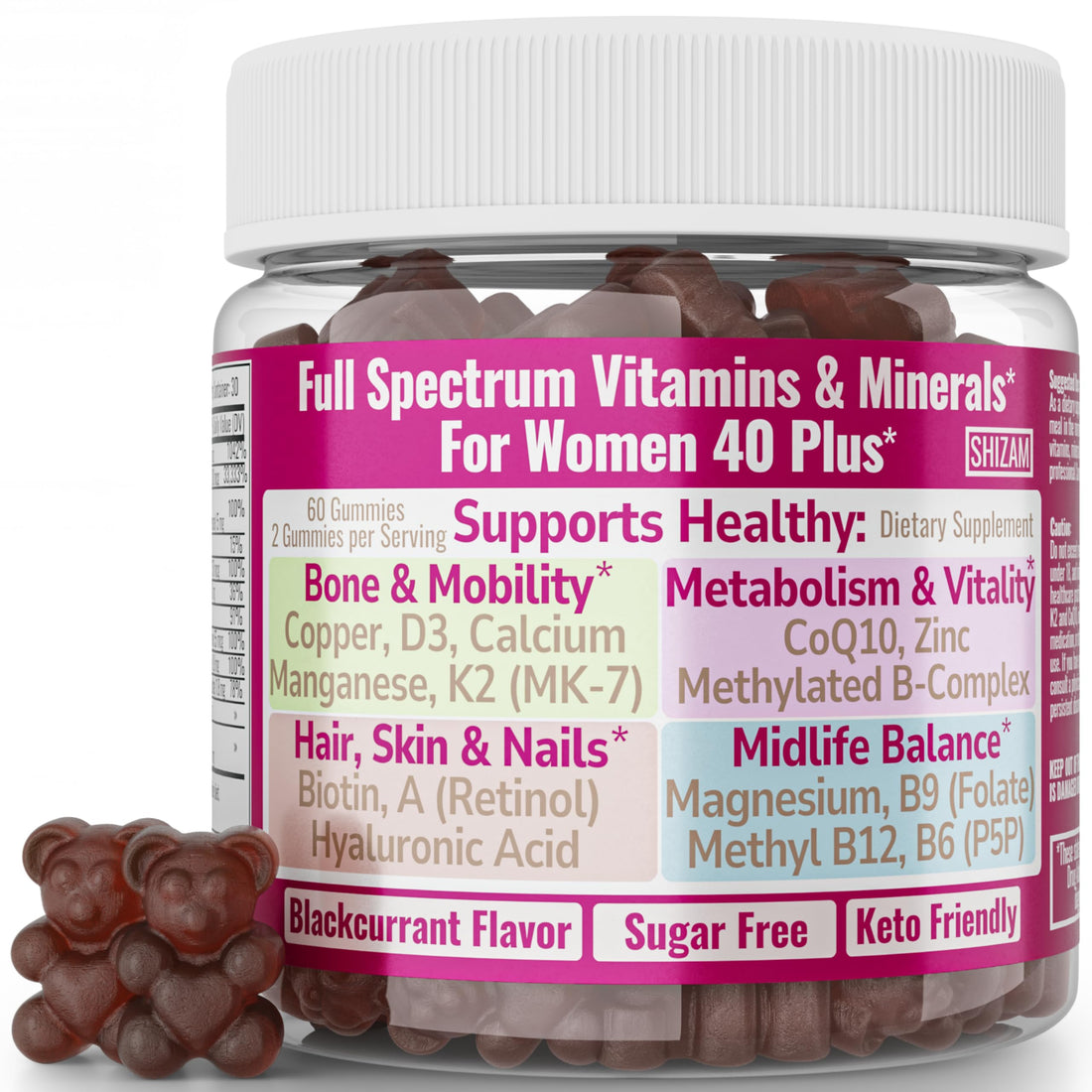 SHIZAM Vitamin D3 K2 MK-7 Gummies with Magnesium, Folate (5-MTHF), Methylfolate, CoQ10, B6 P5P & Methylated B-Complex for Women 40+ SHIZAM Au supplements