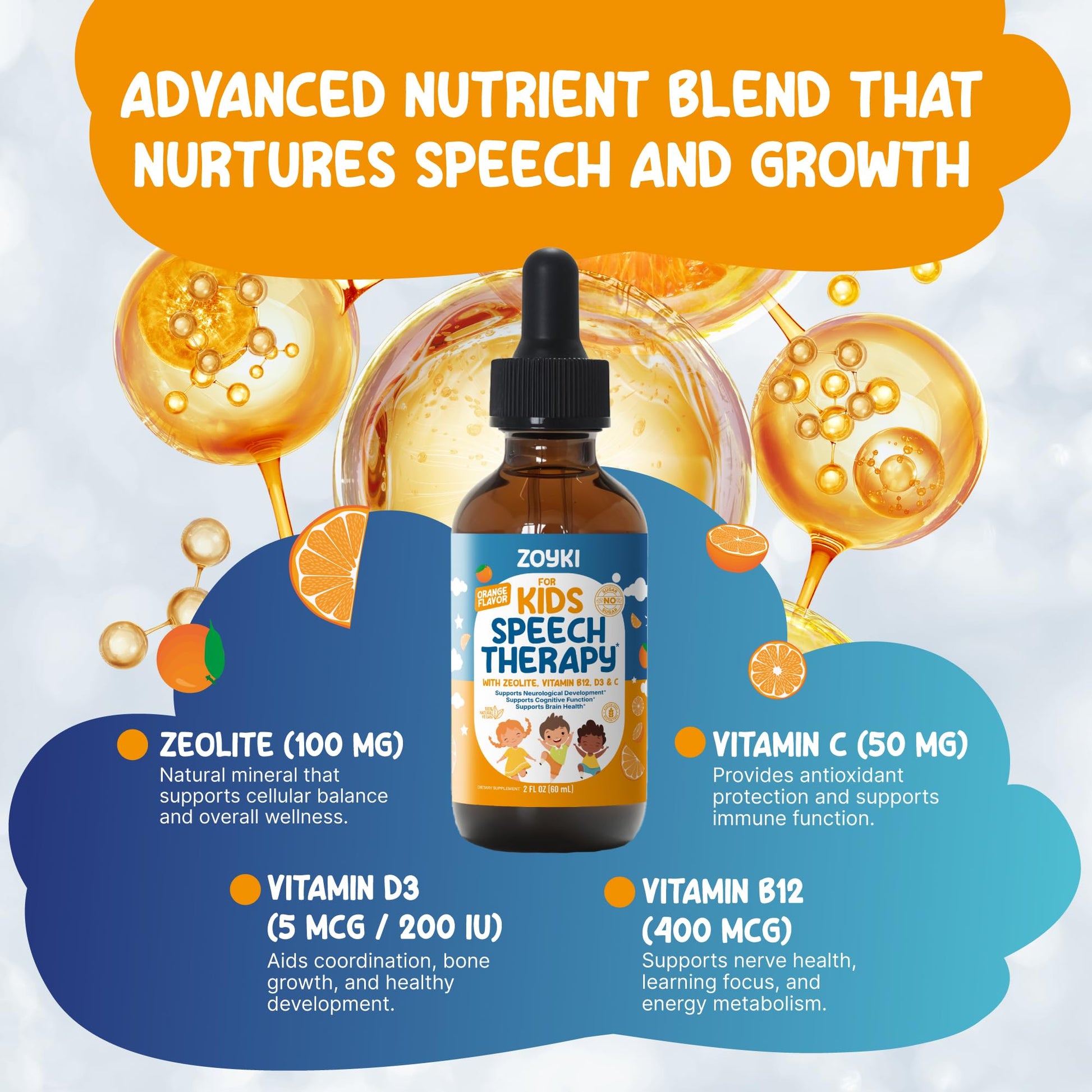 Zoyki Speech Therapy Drops for Kids - Speech Support Supplement for Communication Delay Cognitive Function Language & Brain Development with Zeolite Vitamins B12 D3 C - Sugar Free Gluten-Free Vegan Zoyki Au supplements