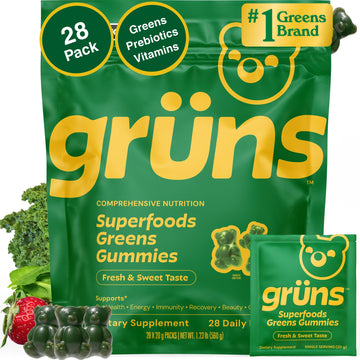 Gruns Adult Super Greens Multivitamin Gummies, Superfood Gummy Vitamins for Women and Men with Spirulina, Chlorella, Adaptogens & Prebiotic Fiber for Digestive Health (28 Count) Grüns Au supplements