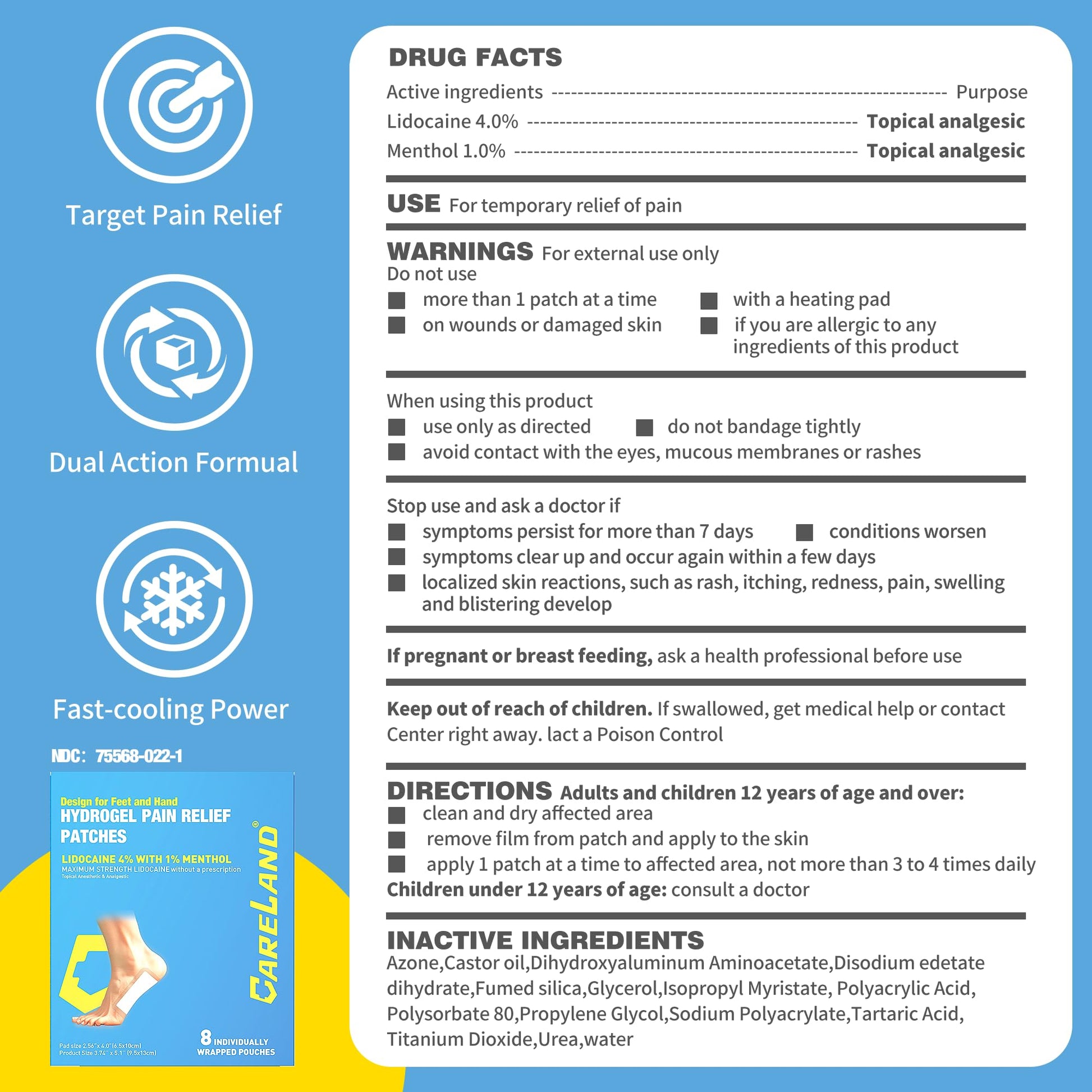 CARELAND Plantar Fasciitis Lidocaine Pain Patches with Hydrogel Technology- Waterproof with Sticky Border, 12 Hour Pain Relief - Contours to Your Foot - 16 Ct CARELAND Au supplements