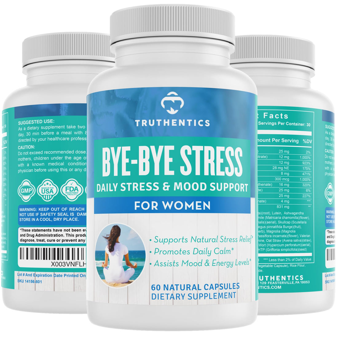 TRUTHENTICS Bye-Bye Stress - Stress & Mood Support Supplement for Women with Ashwagandha, GABA, Lemon Balm, L-Theanin & Vitamin B Complex - Vegan - 60 Capsules TRUTHENTICS Au supplements