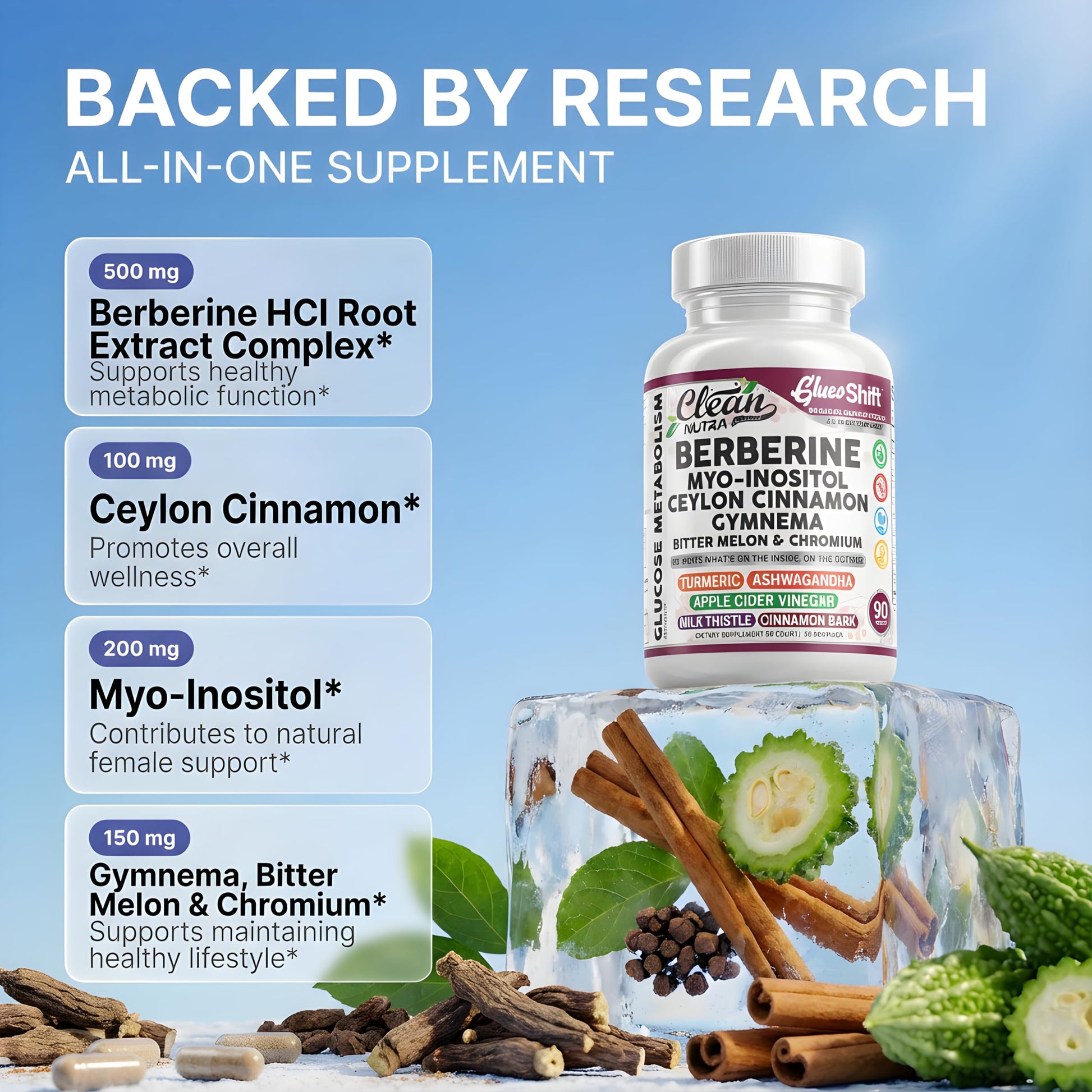 Clean Nutra Berberine Supplement Myo-Inositol Ceylon Cinnamon Gymnema Bitter Melon Chromium Complex for Digestion, Antioxidant Support & Wellness 90 Vegan Capsules Non-GMO Clean Nutraceuticals Au supplements