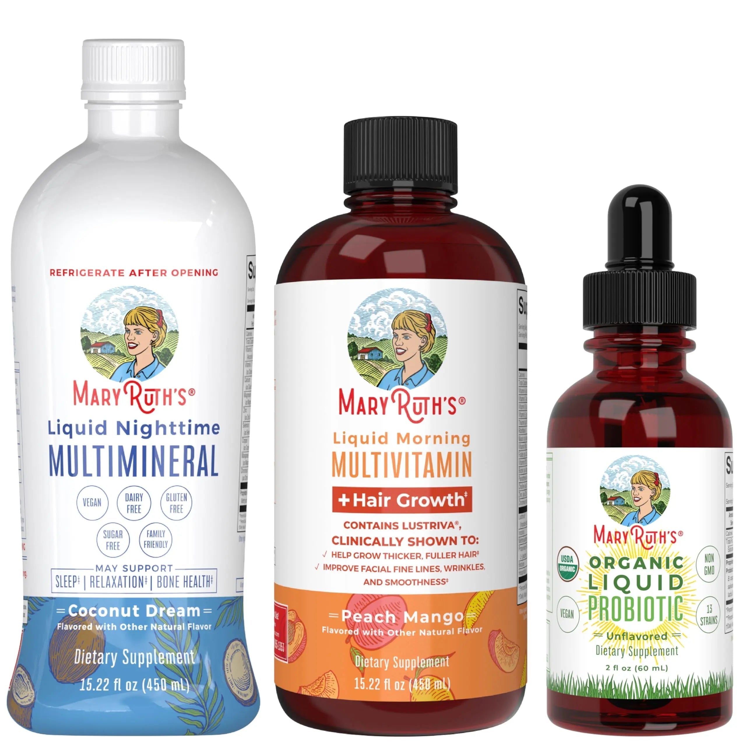 MaryRuth's Morning Multivitamin +Hair Growth (Peach Mango, 15oz), Nighttime Multimineral (Coconut, 15oz) & Probiotic Drops (2oz) | MARYRUTH'S Au supplements