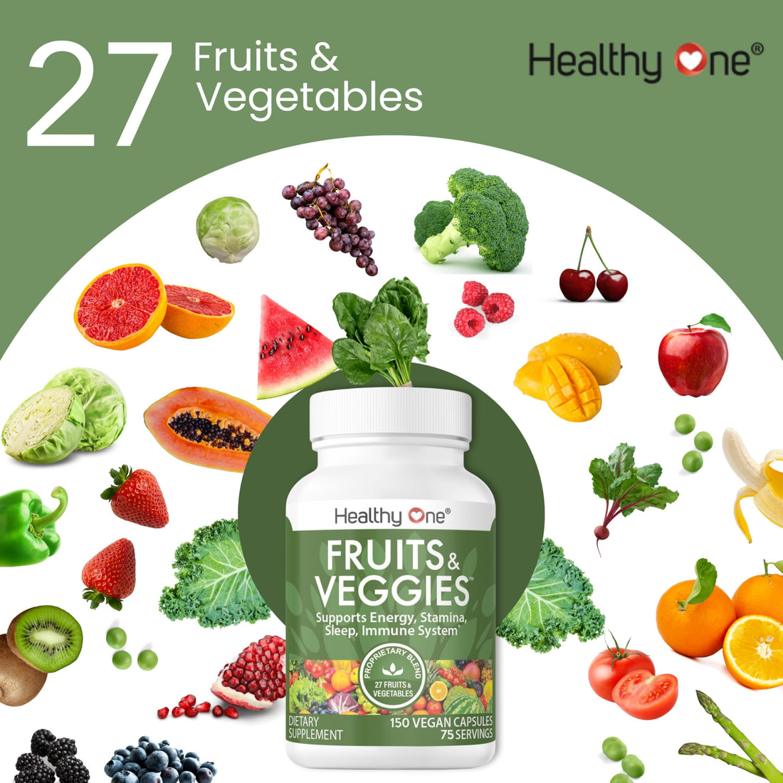 Fruits & Veggies Formula - 27 Premium Whole Foods - Organic Ingredients - Equals 3 Servings of Fruits & Vegetables - Improve Energy, Focus & Immune Function - Fiber - Antioxidants - 120ct (60 Serv) Healthy One Au supplements