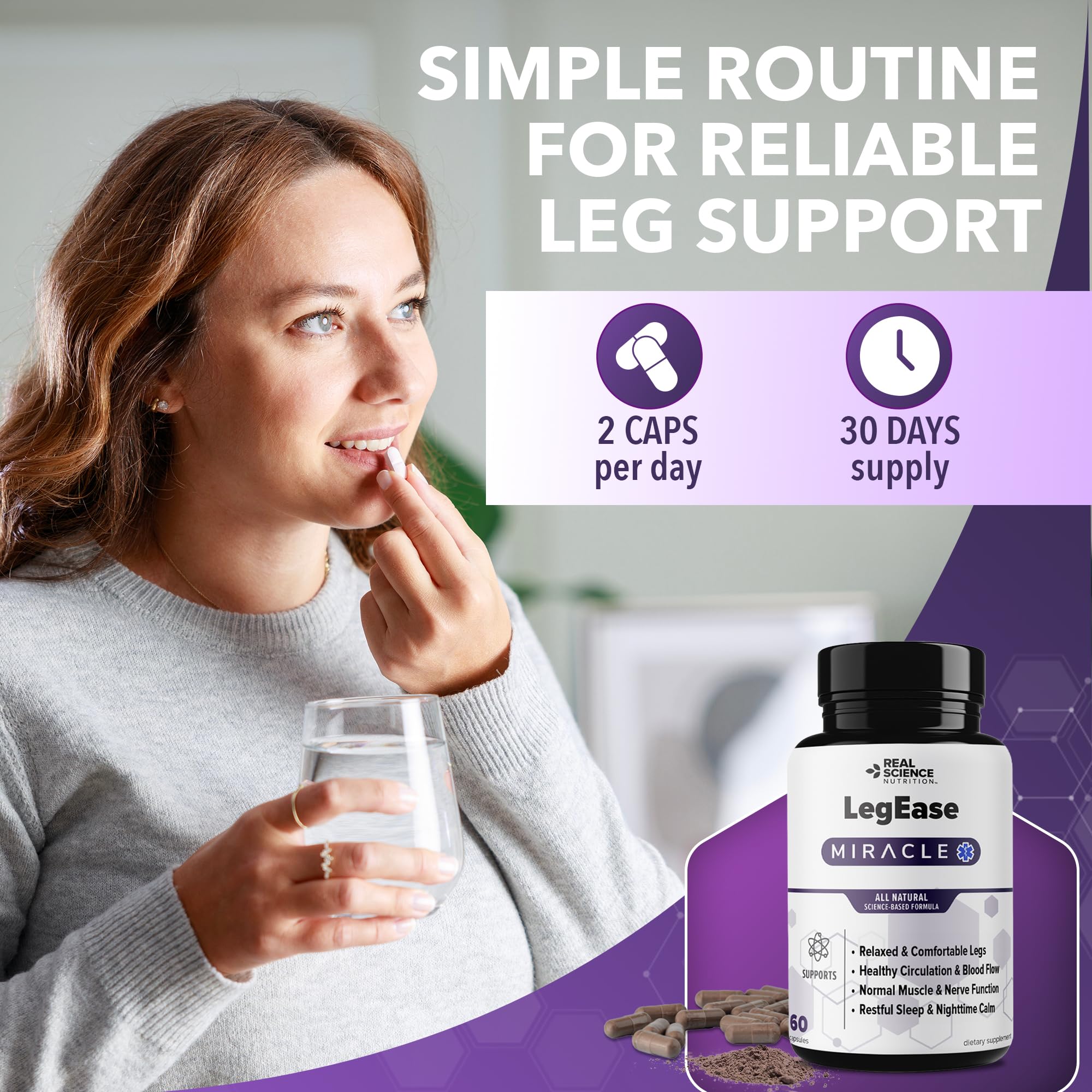 Real Science LegEase Miracle – All Natural Restless Legs Syndrome Relief & Leg Cramp Supplement with Vitamins C, D, K, B6, B12 + Nitric Oxide Support – Sleep & Circulation Aid – Made in USA, 60 Caps Real Science Nutrition Au supplements