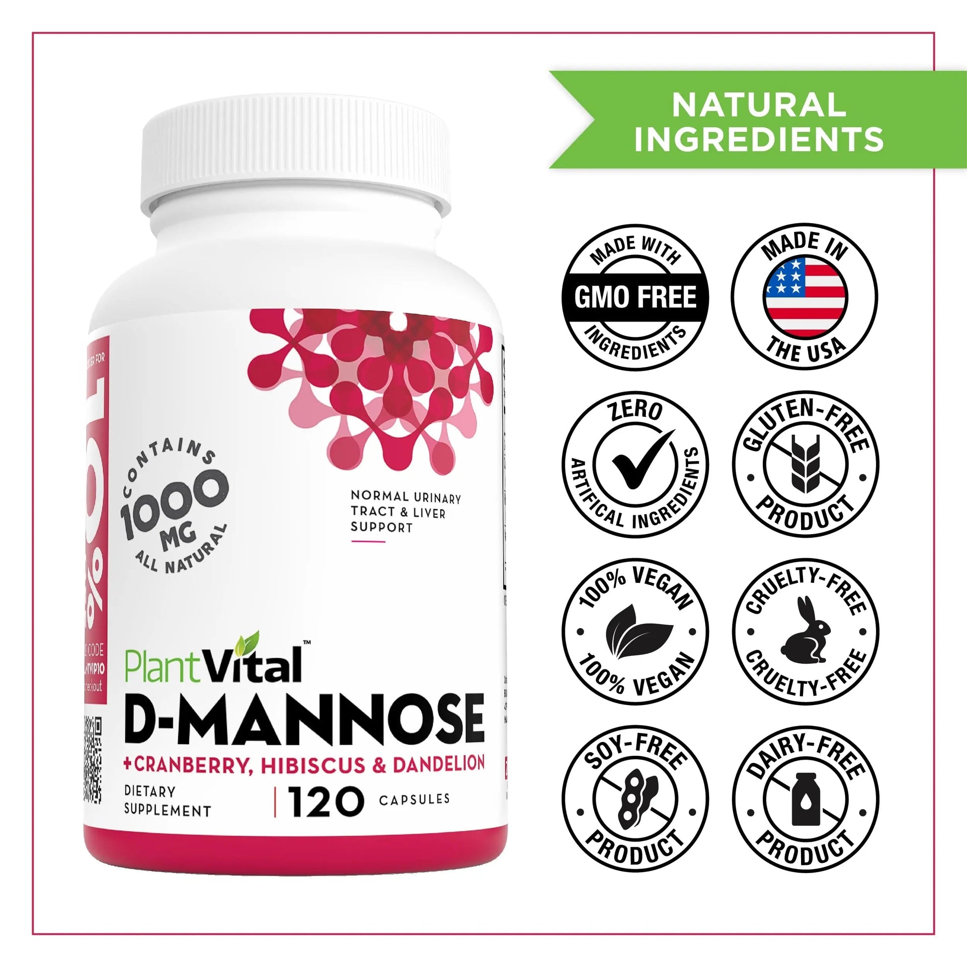 Plantvital D Mannose Capsules with Cranberry - D-mannose 1000mg Capsules - High Potency for Bladder, Kidney and Urinary Tract Support. Cranberry Powder with Hibiscus and Dandelion. 2 Months Supply Plantvital Au supplements
