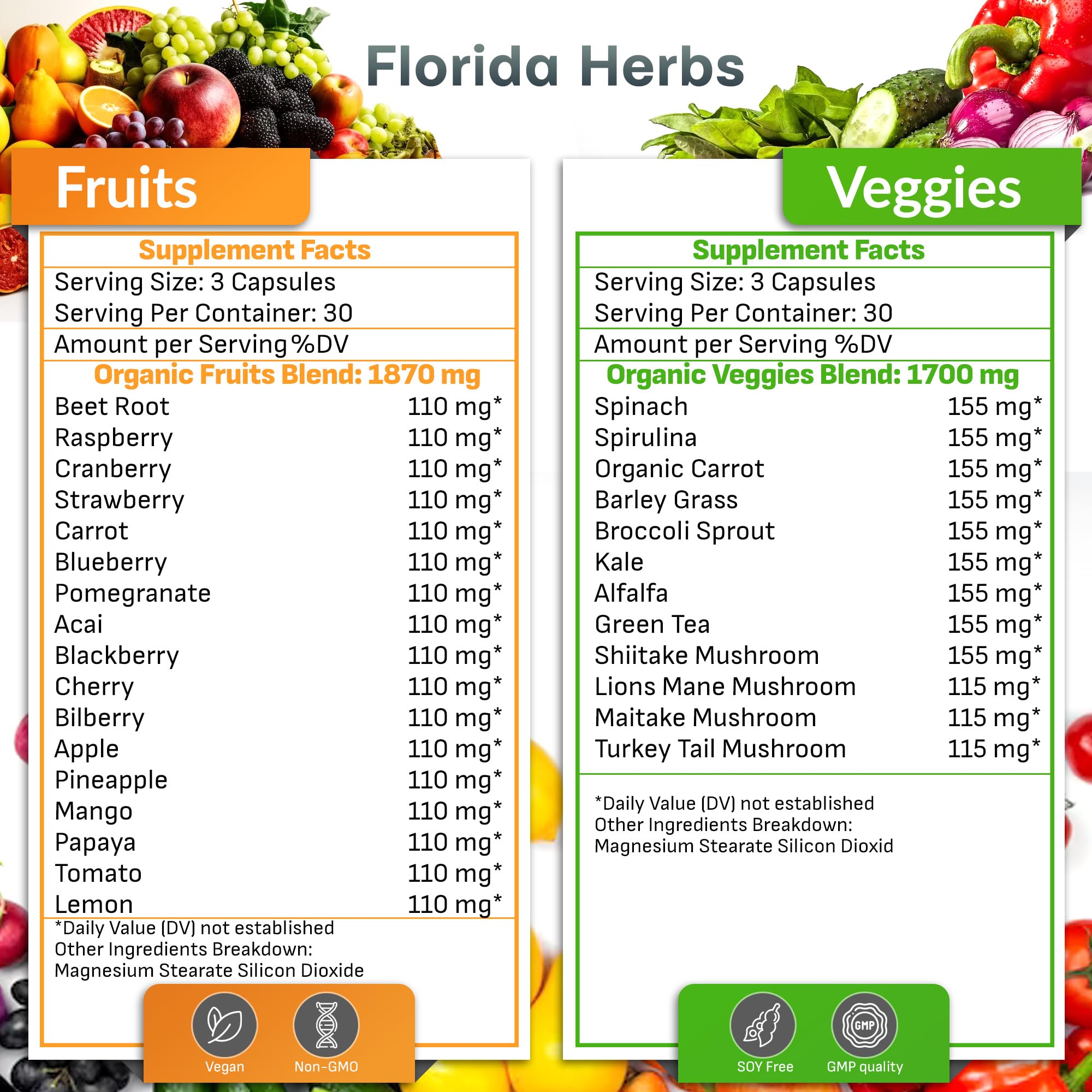 Fruits and Vegetables Supplement - 90 Fruit and 90 Veggie Capsules - Nature Vitamins, Balance of Fruits and Veggies Supports Energy Balance, Soy Free, Vegan Capsules - 90 Count (Pack of 2) FLORIDA HERBS Au supplements