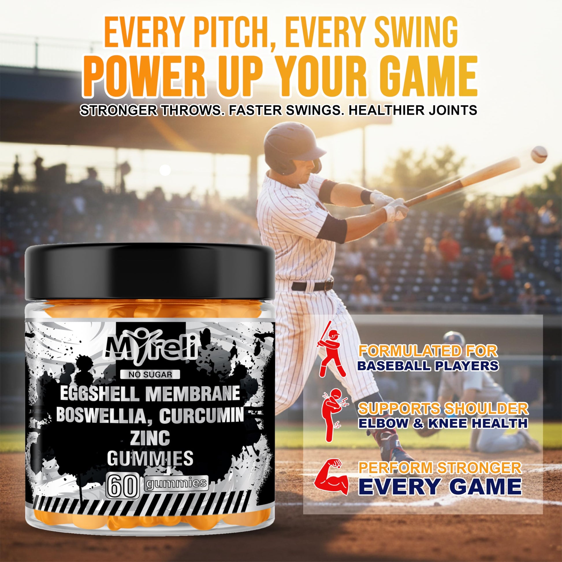 MYRELI Eggshell Membrane 400mg, Boswellia 300mg, Curcumin 250mg & Zinc 20mg Gummies - Baseball Athlete Joint Support, Flexibility, Recovery, Antioxidant, Energy, Endurance - Vegan, Non-GMO, 60 Gummies MYRELI Au supplements