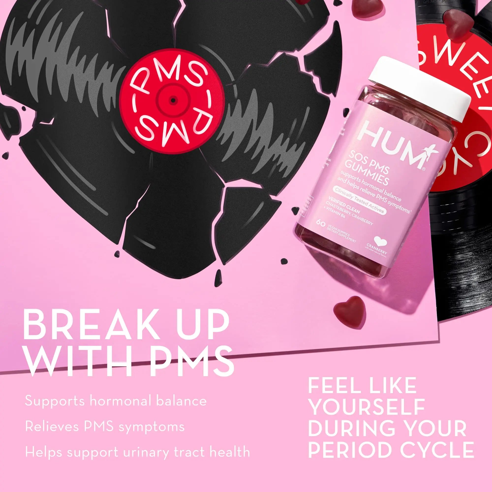 HUM Nutrition SOS PMS Gummies, PMS Support Supplement for Women, Support Cycle Symptoms, Bloating, Hormonal Balance, Includes Vitamin B6, Cranberry & Chasteberry Vitex, Gluten Free, 60 Vegan Gummies HUM Au supplements