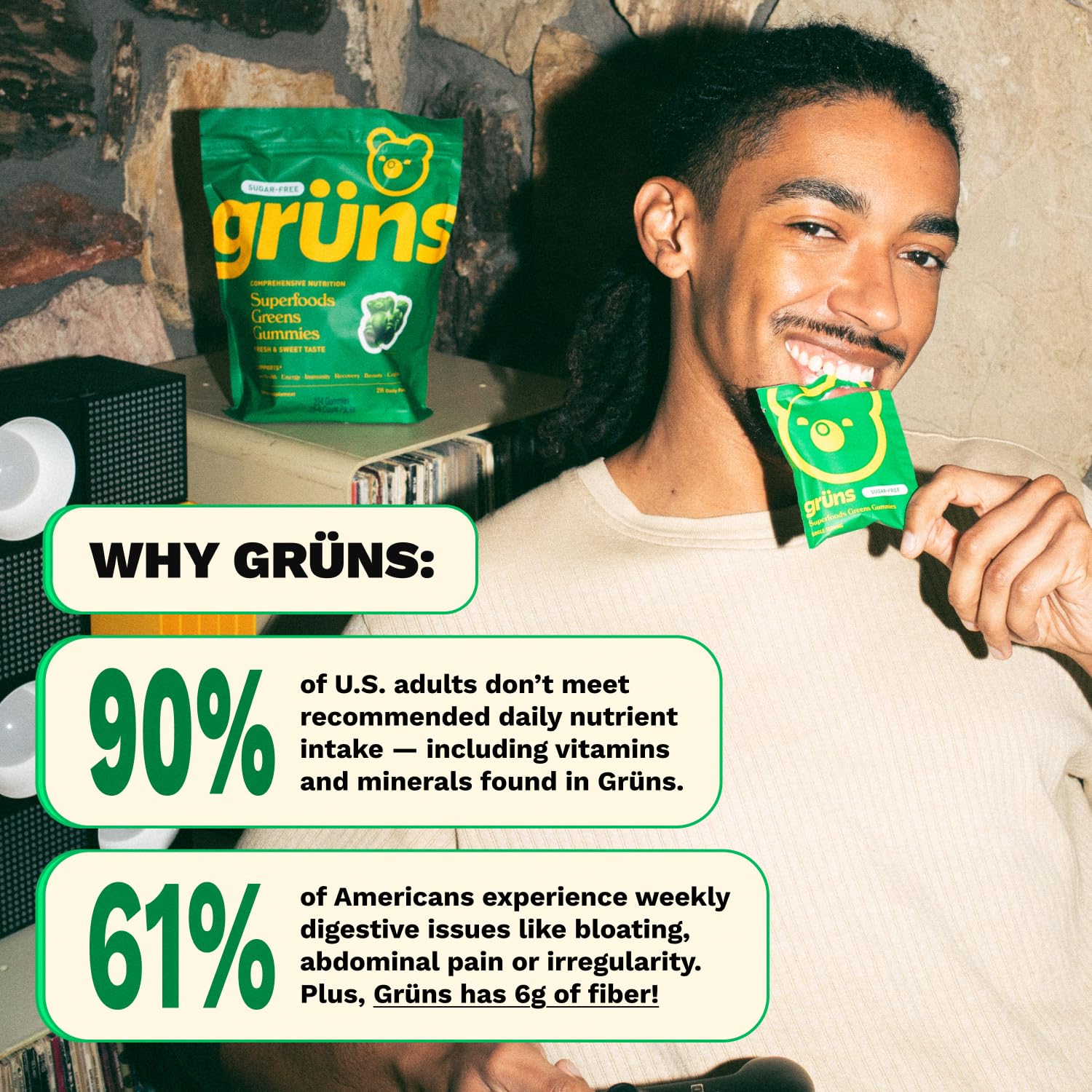 Gruns Sugar-Free Super Greens Gummies, Multivitamin Superfood Gummy Bears, Spirulina, Chlorella, Prebiotics & Fiber gummies for Digestive Health, Adaptogens Supplement, 20 Vitamins & Minerals, 10 pack Grüns Au supplements