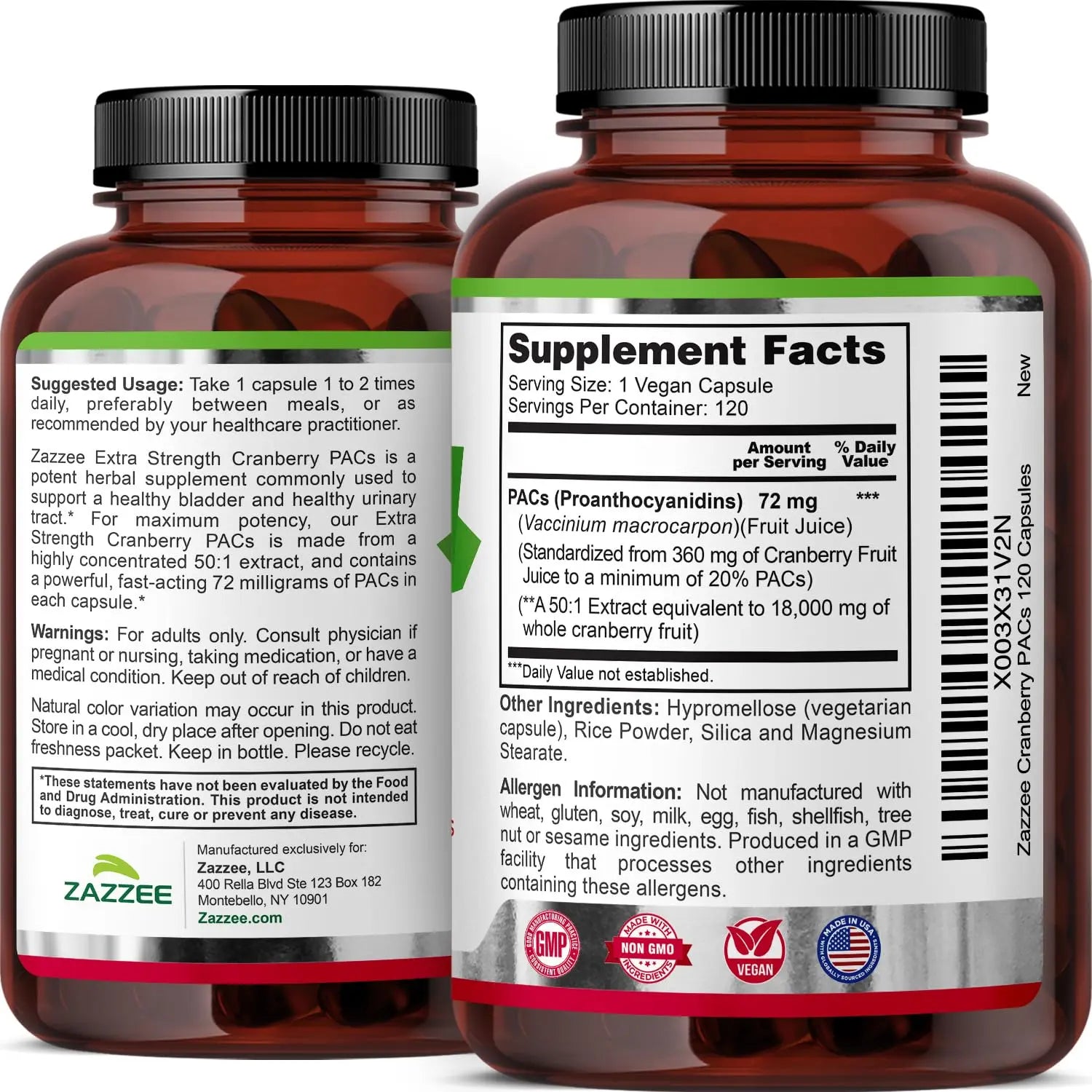 Zazzee Cranberry PACs, 72 mg PACs per Capsule, 2X Strength, 100% Soluble, 120 Vegan Capsules, 50:1 Extract, 18,200 mg Strength, Fast-Acting, Effective Urinary Tract Support, Made in The USA Zazzee Au supplements
