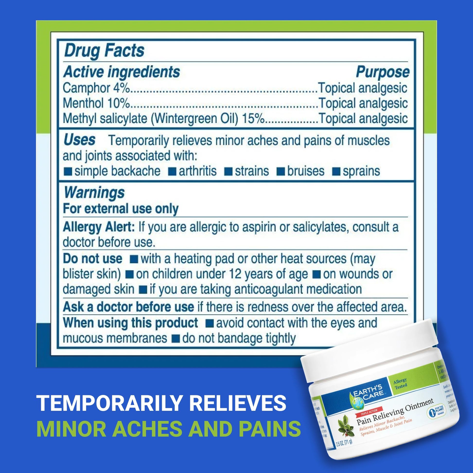 Earth's Care Triple Action Pain Relieving Ointment, No Parabens, Colors or Fragrances, Allergy-Tested 2.5 OZ. (2 Jars) Earth's Care Au supplements