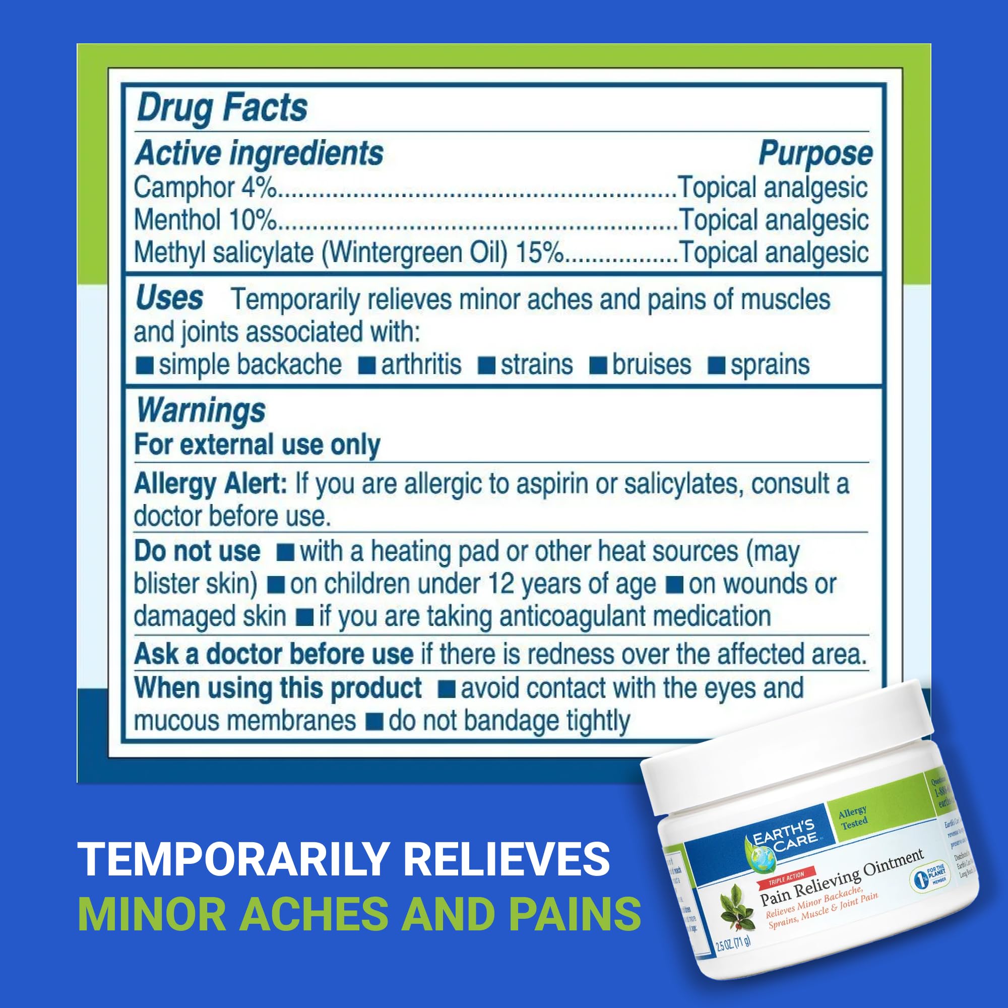 Earth's Care Triple Action Pain Relieving Ointment, No Parabens, Colors or Fragrances, Allergy-Tested 2.5 OZ. (2 Jars) Earth's Care Au supplements