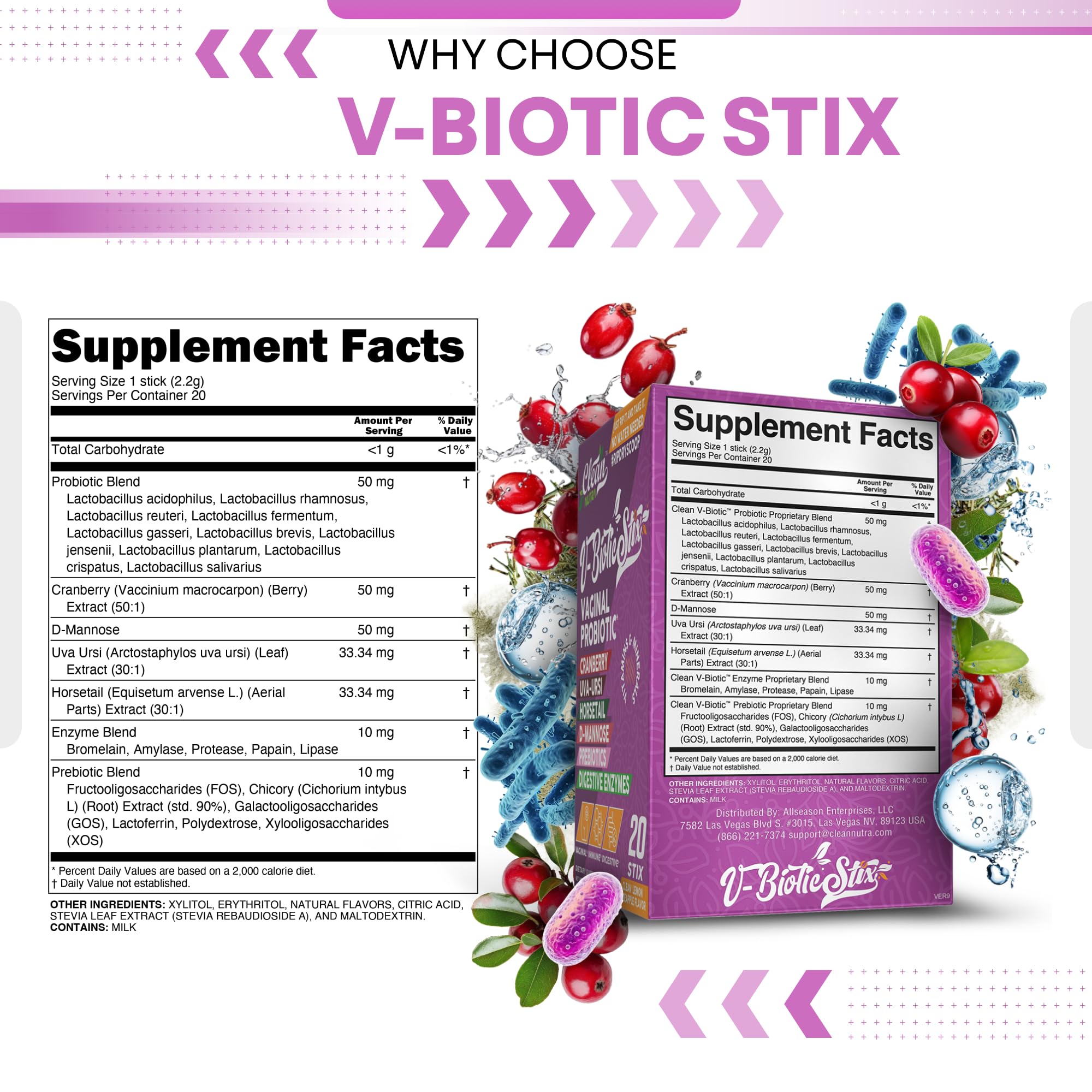 Clean Nutraceuticals Vaginal Probiotics for Women with Cranberry Extract, D-Mannose, Prebiotics, pH Balance for Women, Vaginal Health – Womens Probiotic Alternative to Gummies - 20 Stix Clean Nutraceuticals Au supplements