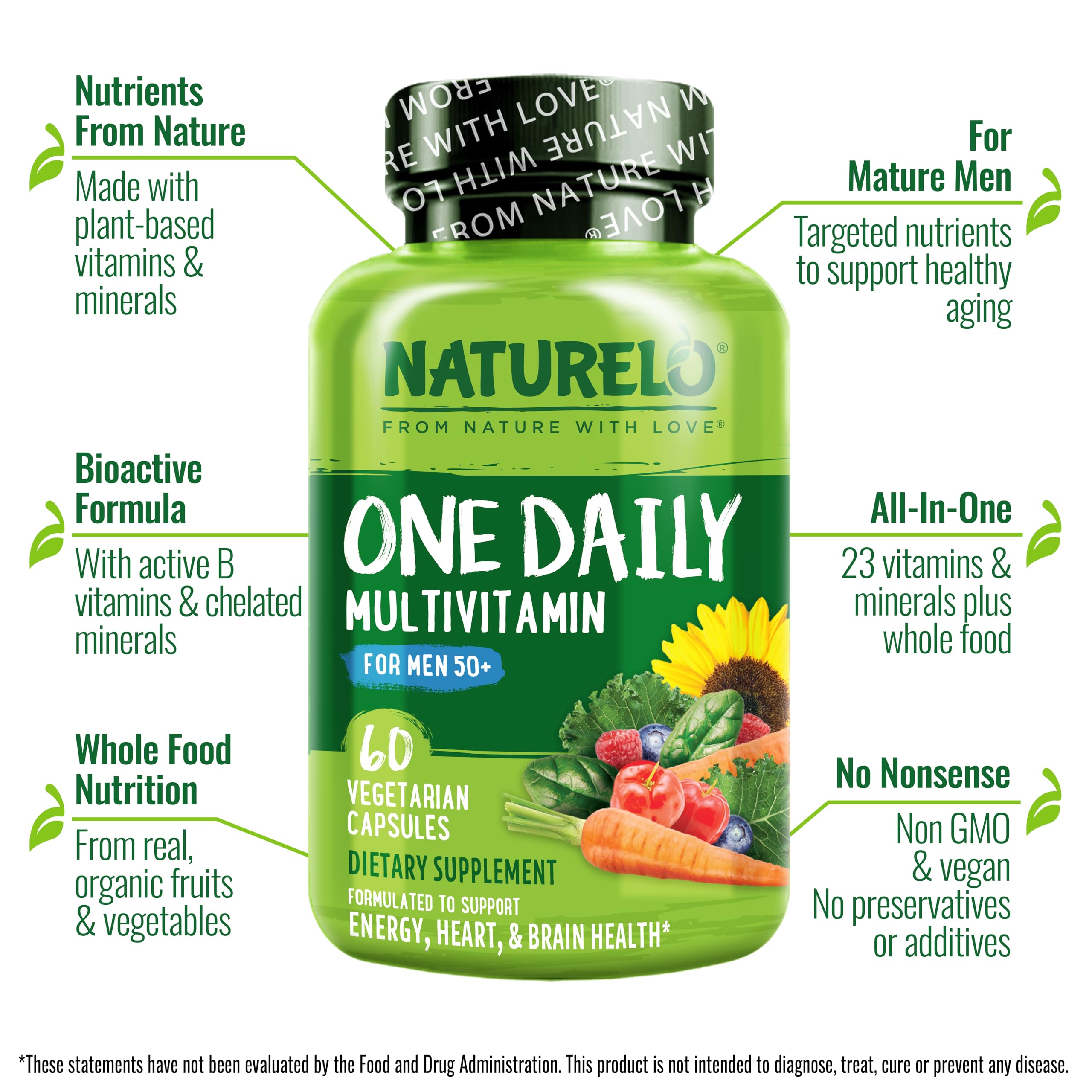 NATURELO Mens Multivitamins for Men 50+ - One Daily Multivitamin for Men with Vitamins, Minerals & Organic Whole Foods, Boost Energy & Health, Non-GMO, 60 Vegetarian Capsules NATURELO Au supplements