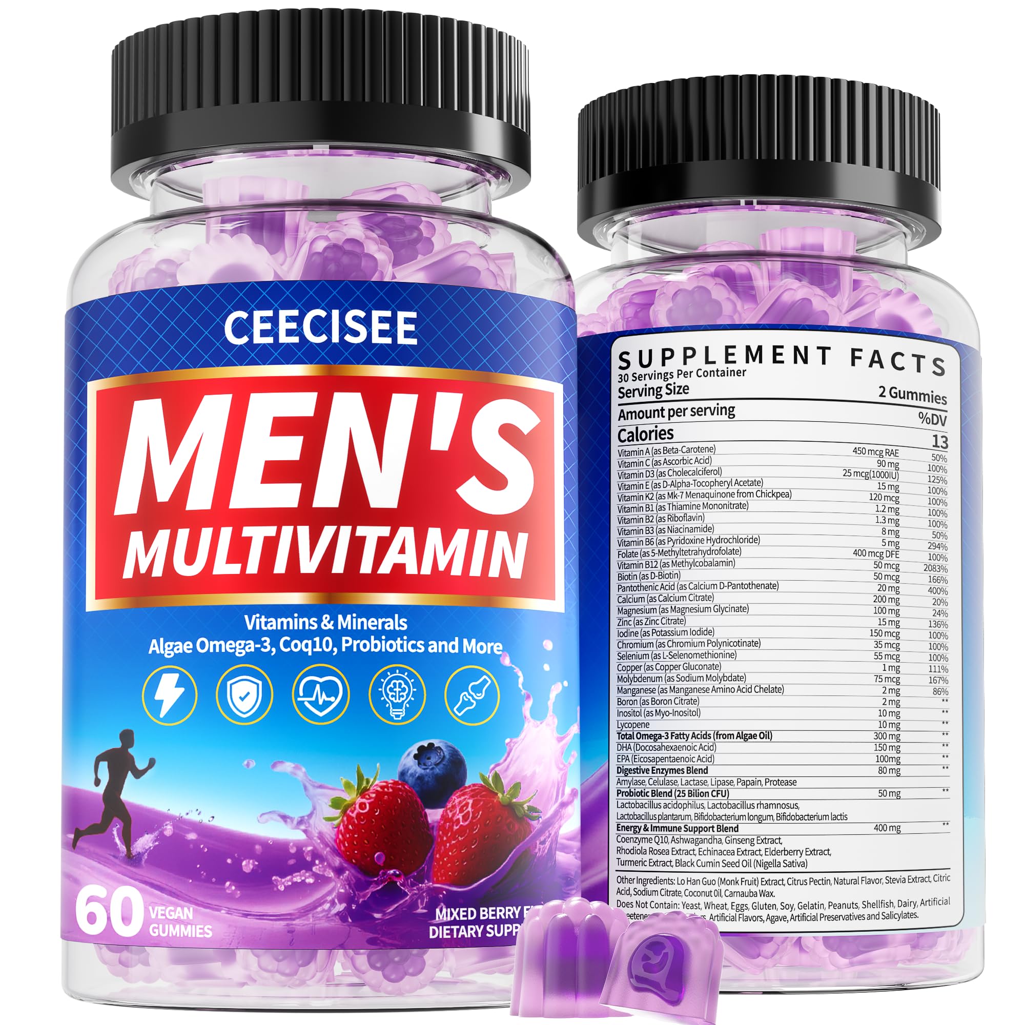 Ceecisee Men’s Methylated Multivitamin Gummies: Chewable Multivitamins Mens Gummy with Omega Probiotic Magnesium Zinc Vitamins B12 D3 - No Iron Daily Supplement Support Energy Immune for Men(120Count) Ceecisee Au supplements