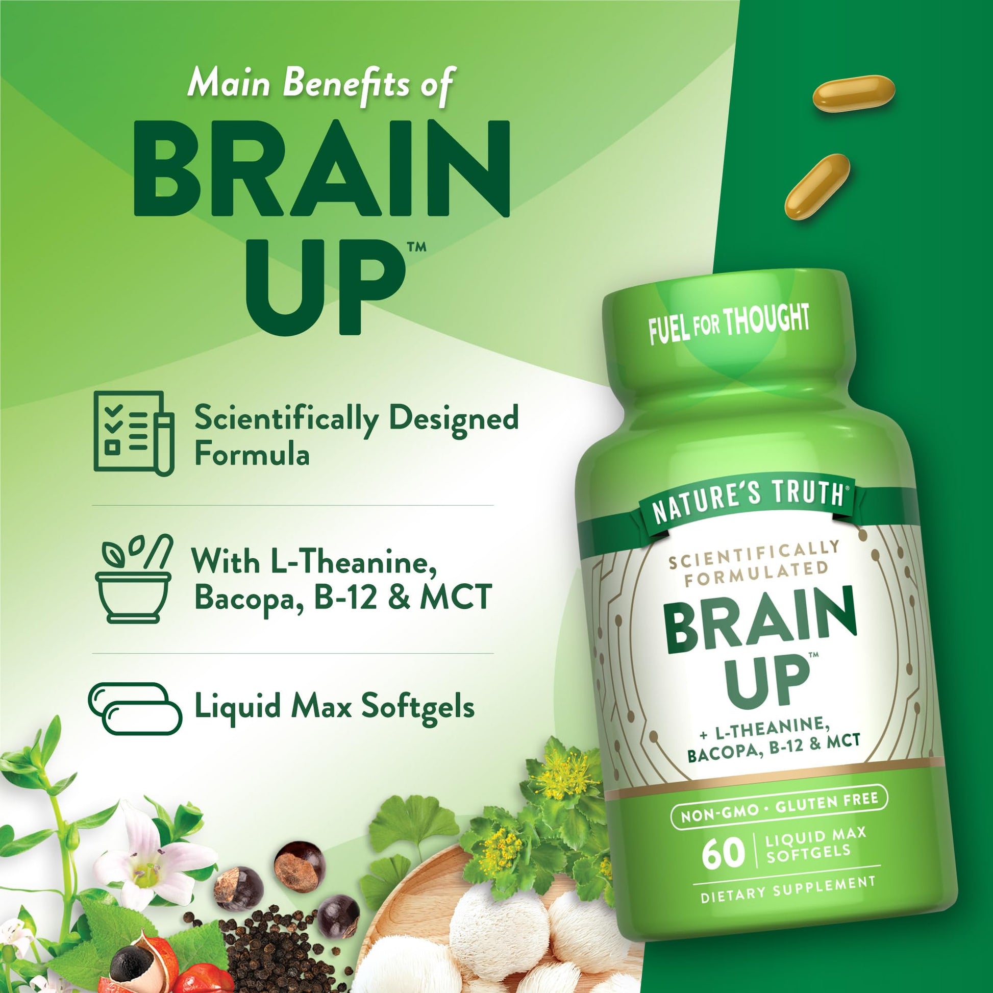 Nature's Truth Brain Up Softgels | 60 Count | with L-Theanine, Bacopa, B-12 & MCT | Non-GMO and Gluten Free Supplement Nature's Truth Au supplements