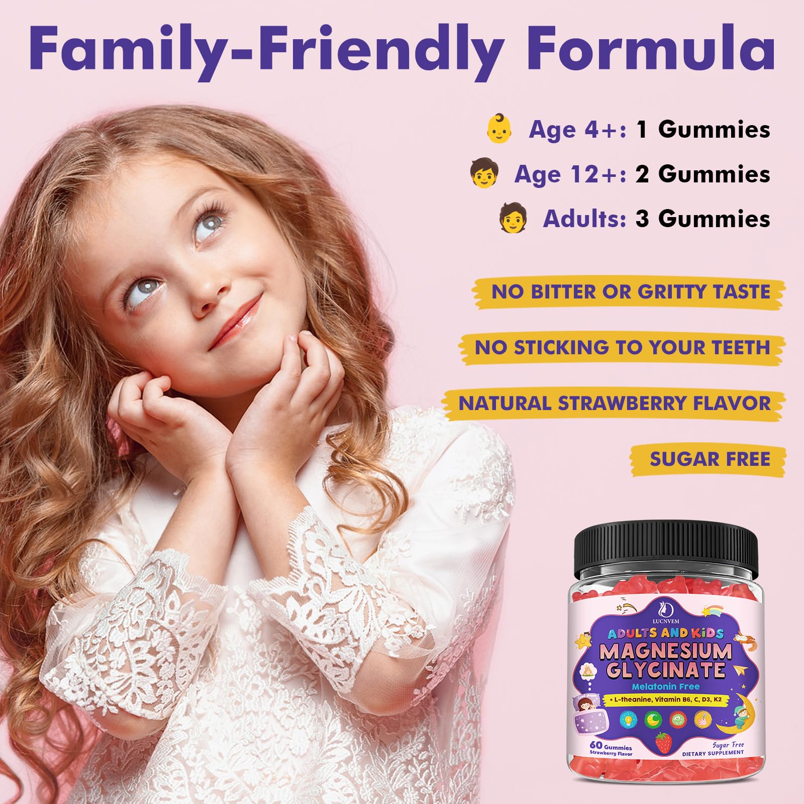 Magnesium Glycinate Gummies for Kids 4+ & Adults- Magnesium Glycinate 150/300 mg for Natural Sleep, Relaxation & Calm Support, Melatonin Free, Sugar Free Strawberry Flavor, 60 Ct LUCNVEM Au supplements
