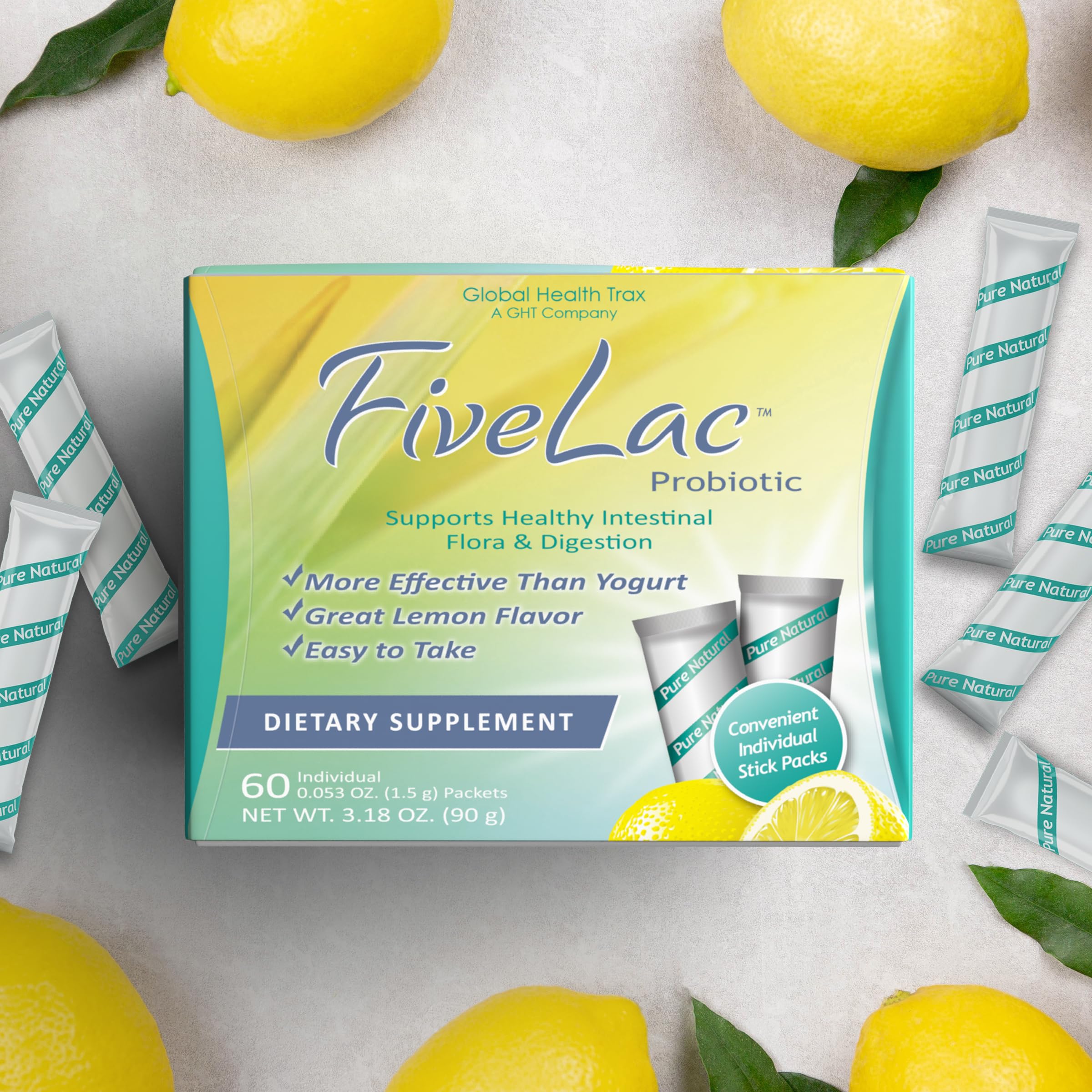 GHT - FiveLac Lemon Probiotic Powder Drink Mix, Probiotics for Women, Men, and Kids - Smooth Digestive Support and Elimination - Relieves Occasional Constipation and Gas - 60 Packets (3 Pack) Non-GMO ght Global Health Trax Au supplements