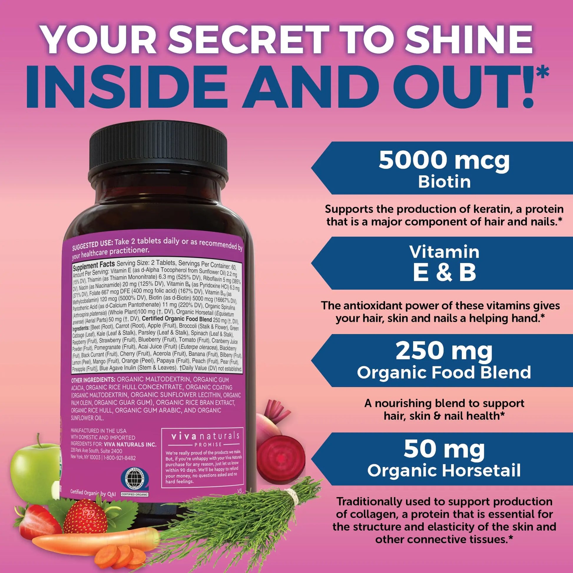 Biotin 5000 mcg Hair Skin Nails Vitamins for Women – Organic and Vegetarian-Friendly Supplement with Vitamin E, B-Vitamins, Spirulina Viva Naturals Au supplements