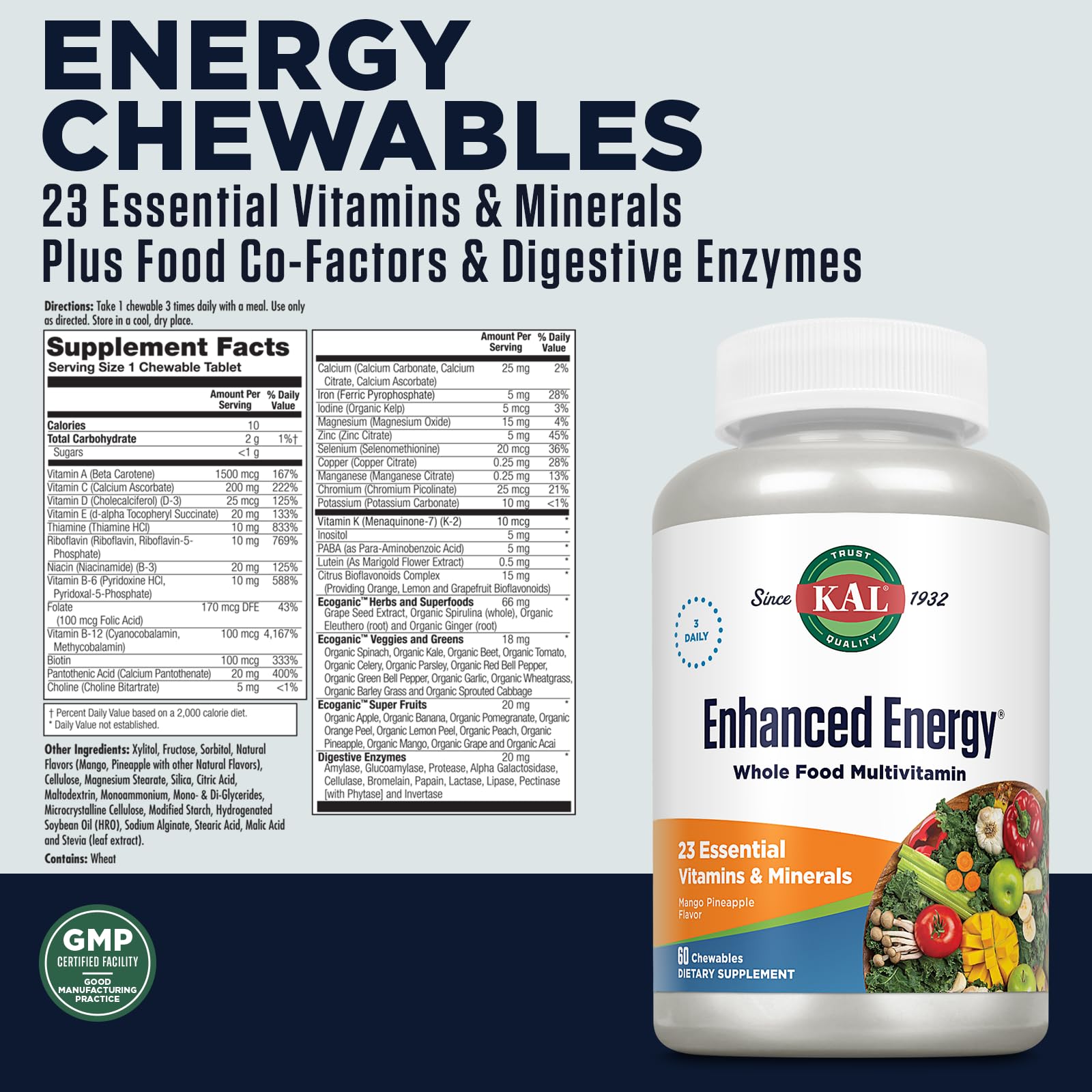 KAL Enhanced Energy Supplements, Whole Food Chewable Multivitamin with Iron, 3 Daily, 23 Essential Vitamins and Minerals, Super Foods, Enzymes, Mango Pineapple Flavor, 60-Day Guarantee, 20 Serv, 60ct KAL Au supplements