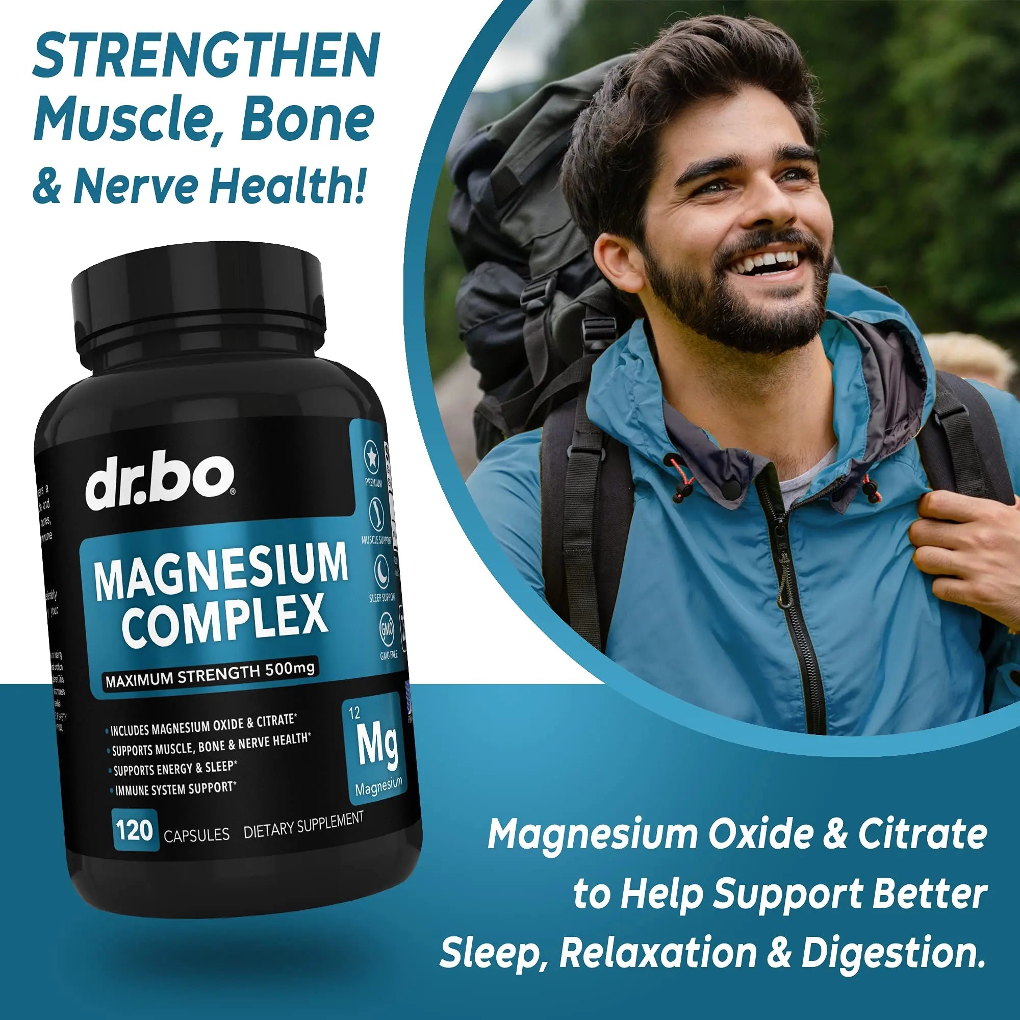 Magnesium Complex Supplement Capsules 500mg - Support Energy, Relaxation, Leg Cramps & Legs - Help Aid Muscle Support Supplements - High Absorption Premium Mag Citrate Oxide - 120 Capsules DR. BO Au supplements
