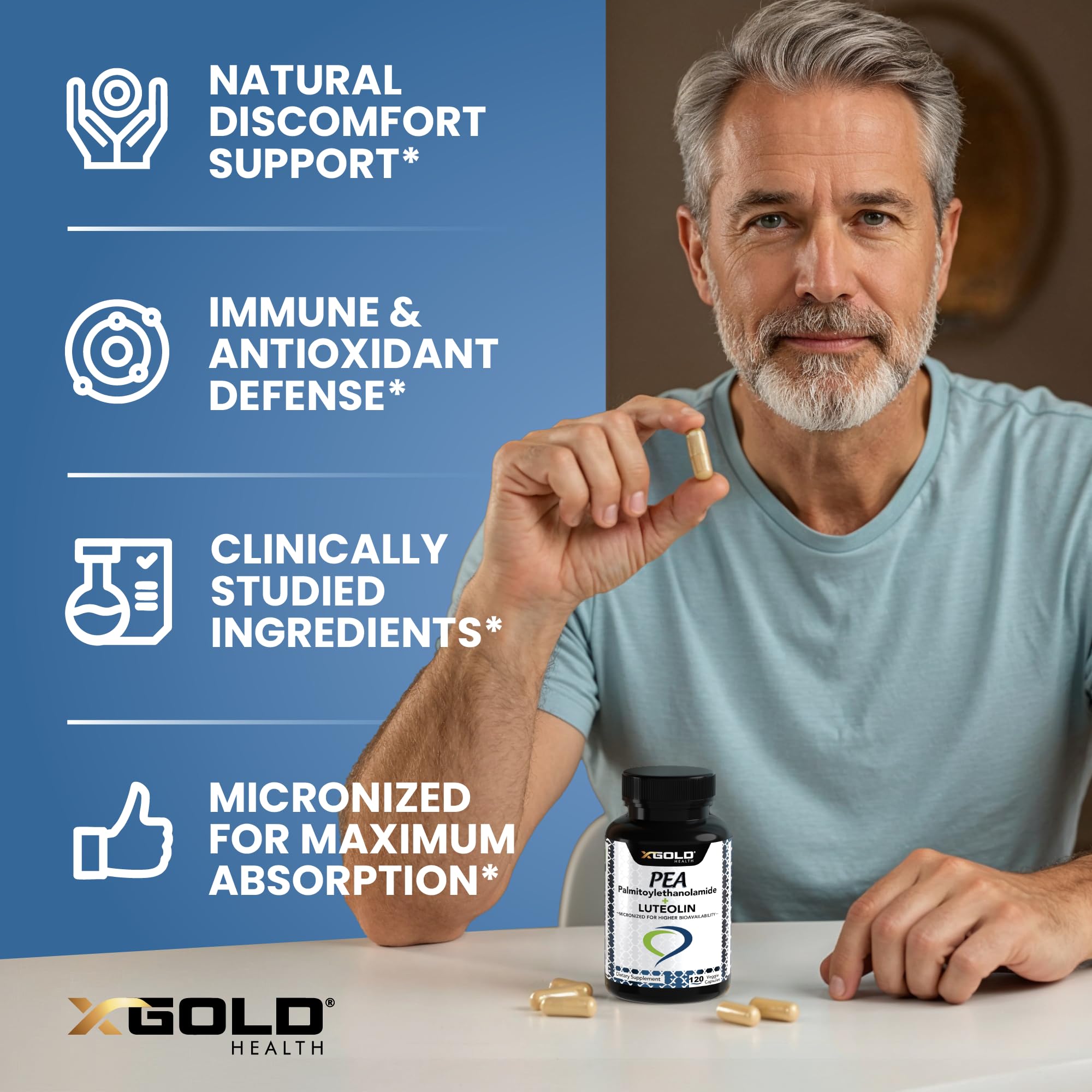 Palmitoylethanolamide 630 mg + Luteolin Standardized 98%- Micronized Pea 99% Highly Purified and Bioavailable - Made in USA - Supplement for Men and Women - 120 Veggie Capsules X Gold Health Au supplements