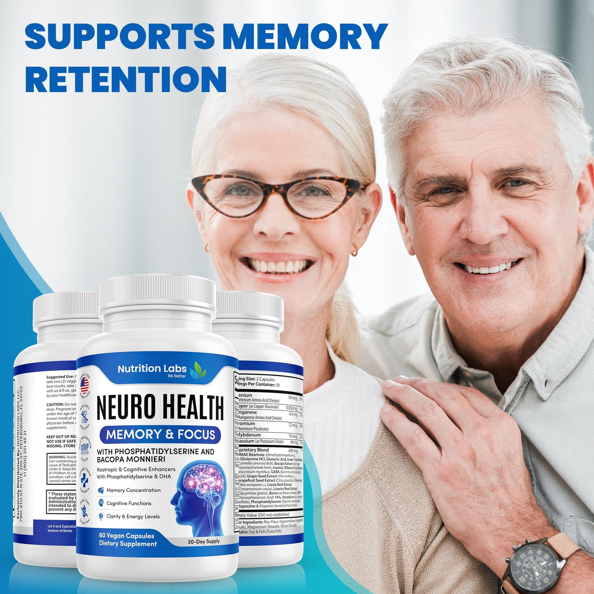Nootropic & Neuro Brain Supplement for Memory & Focus Support. Clinically Tested Vitamins for Mental Support & Cognitive Clarity W/Bacopa Monnieri, VIT A, B6, Riboflavin, Niacin, Thiamin & Folate NUTRITION LABS BE BETTER Au supplements