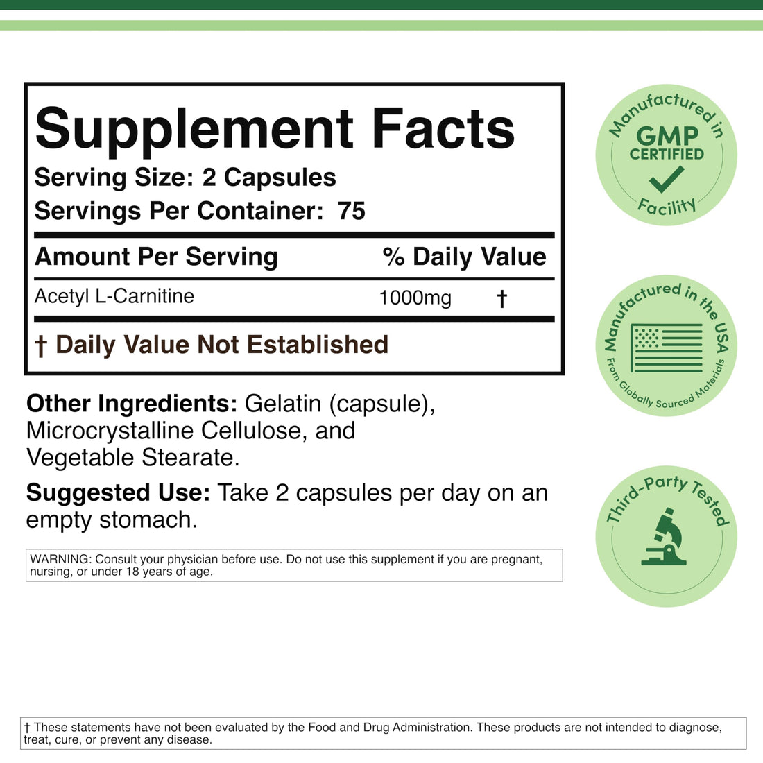 Acetyl L-Carnitine 1,000mg Per Serving, 150 Capsules (ALCAR for Brain Function Support, Memory, Attention, and Stamina) Acetyl L Carnitine That is Third Party Tested by Double Wood Double Wood Supplements Au supplements