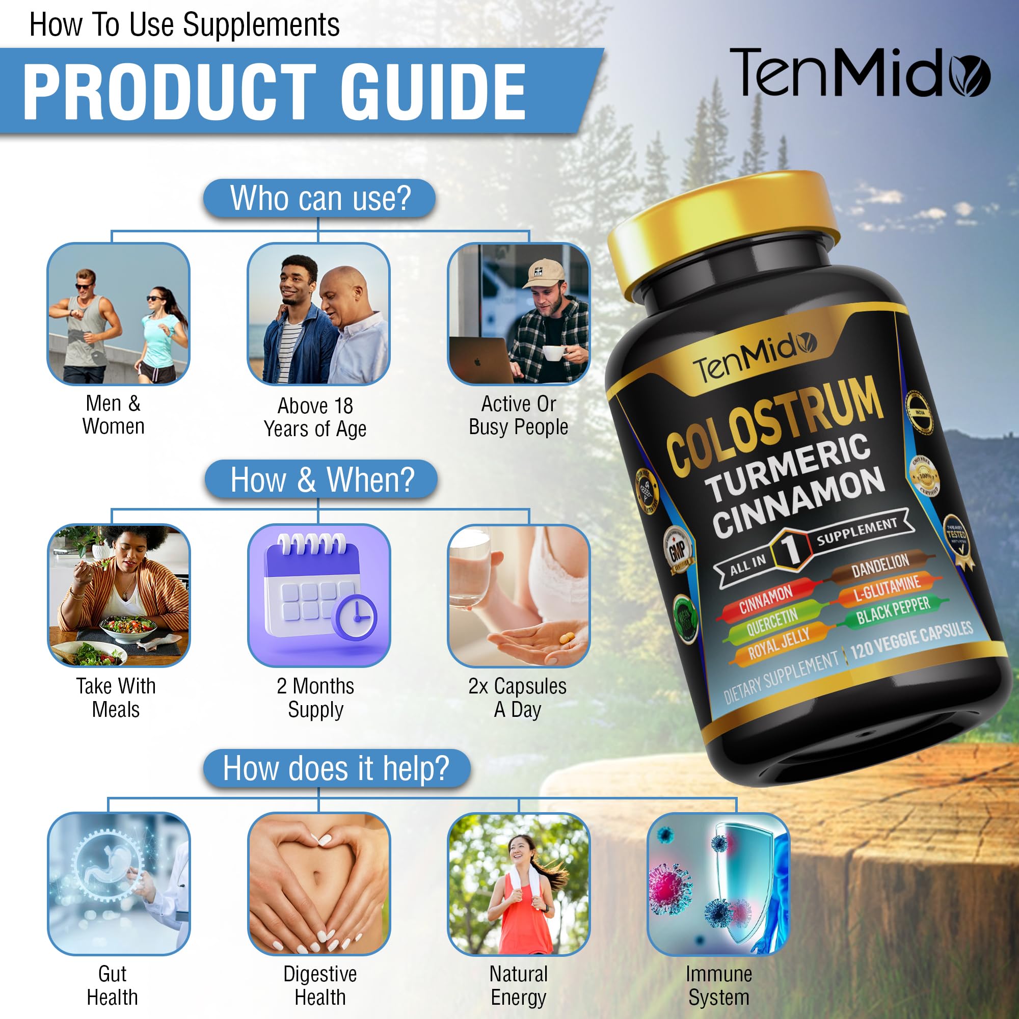 Tenmido Colostrum Supplement - 8in1 Formula - Combine with Turmeric, Ceylon Cinnamon, Quercetin, Royal Jelly, Dandelion, L- Glutamine, and Black Pepper - Digestive Health Support - 120 Capsules Tenmido Au supplements