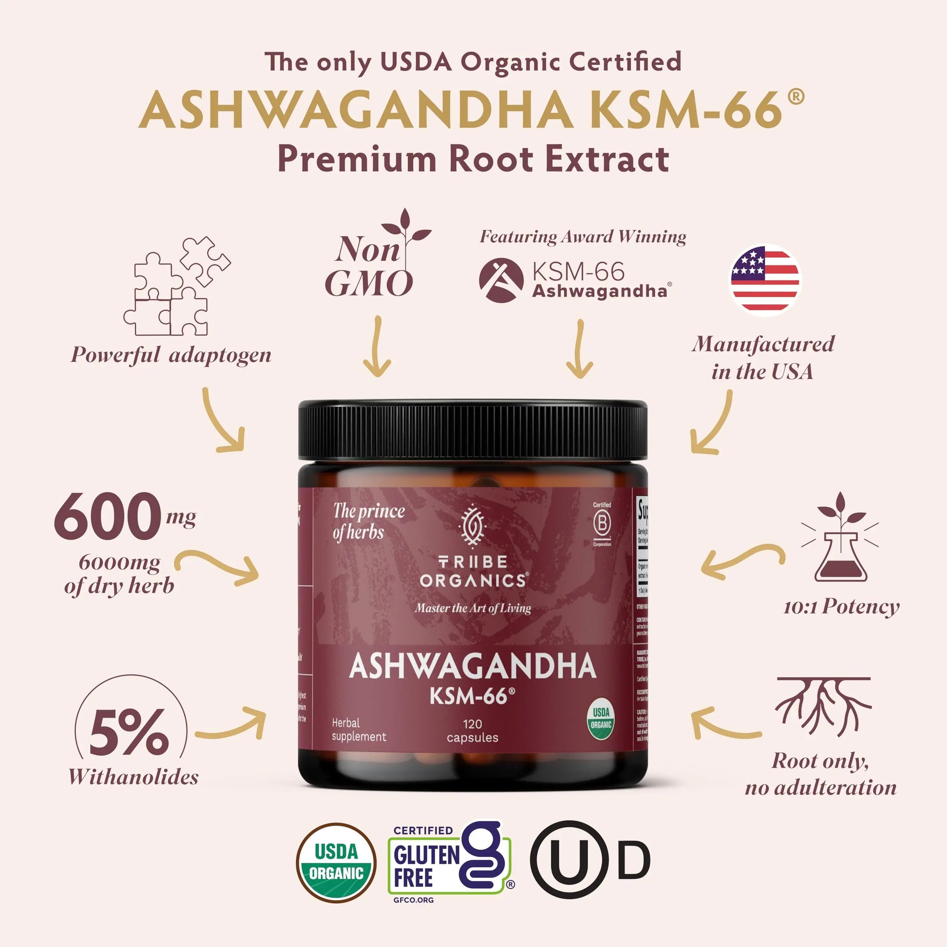 TRIBE ORGANICS Ashwagandha KSM 66 Pure Organic Root Powder Extract Ayurvedic Supplement - Focus, Mood Support, Increase Energy, Strength, 600mg of Natural KSM66 TRIBE ORGANICS Au supplements