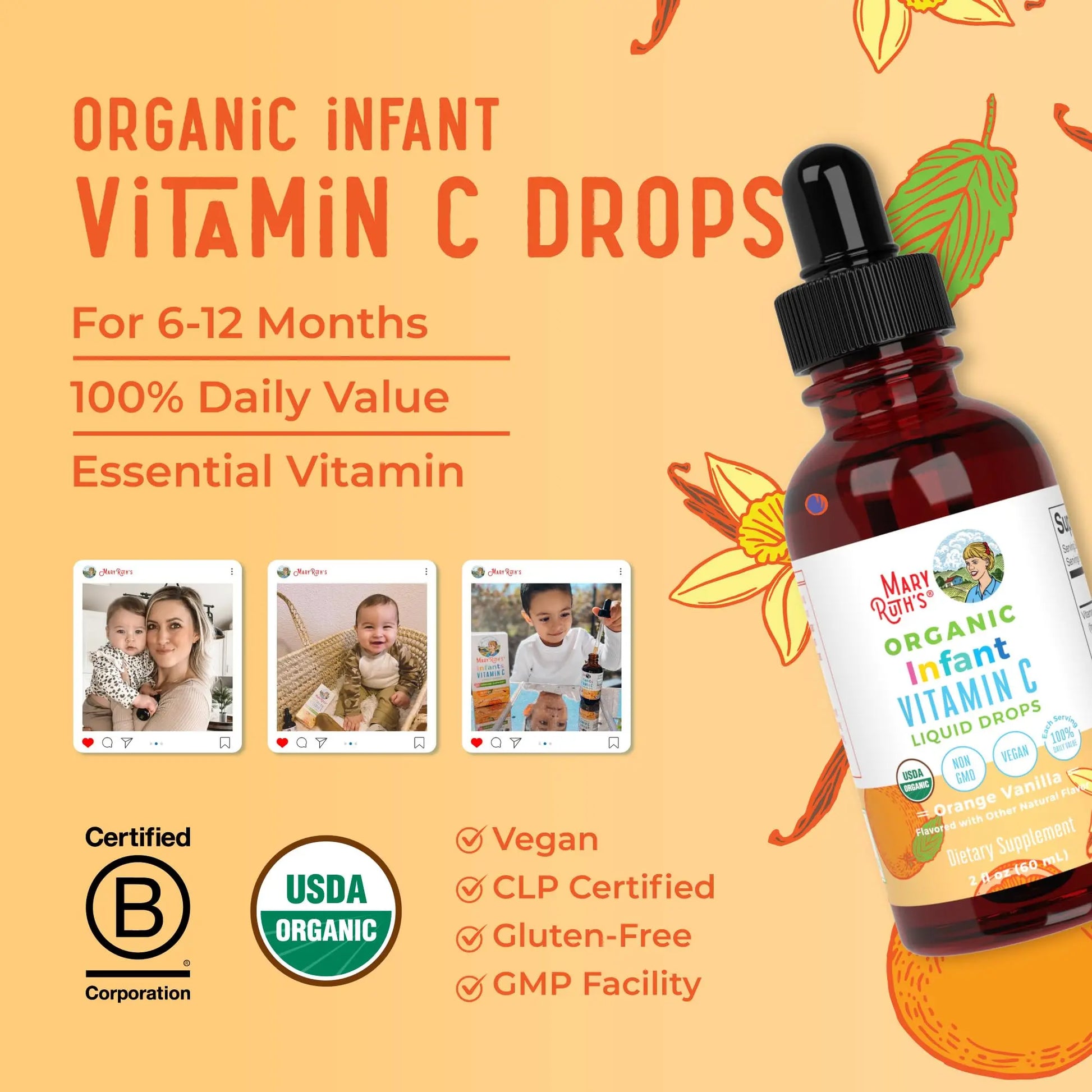 MaryRuth Organics Infant & Baby Vitamin C Supplement | USDA Organic Vitamin C Liquid Drops for Infants | Ages 6-12 Months | Immune Support | Overall Health | Vegan | Non-GMO | Gluten Free | 2 Fl Oz MARYRUTH'S Au supplements