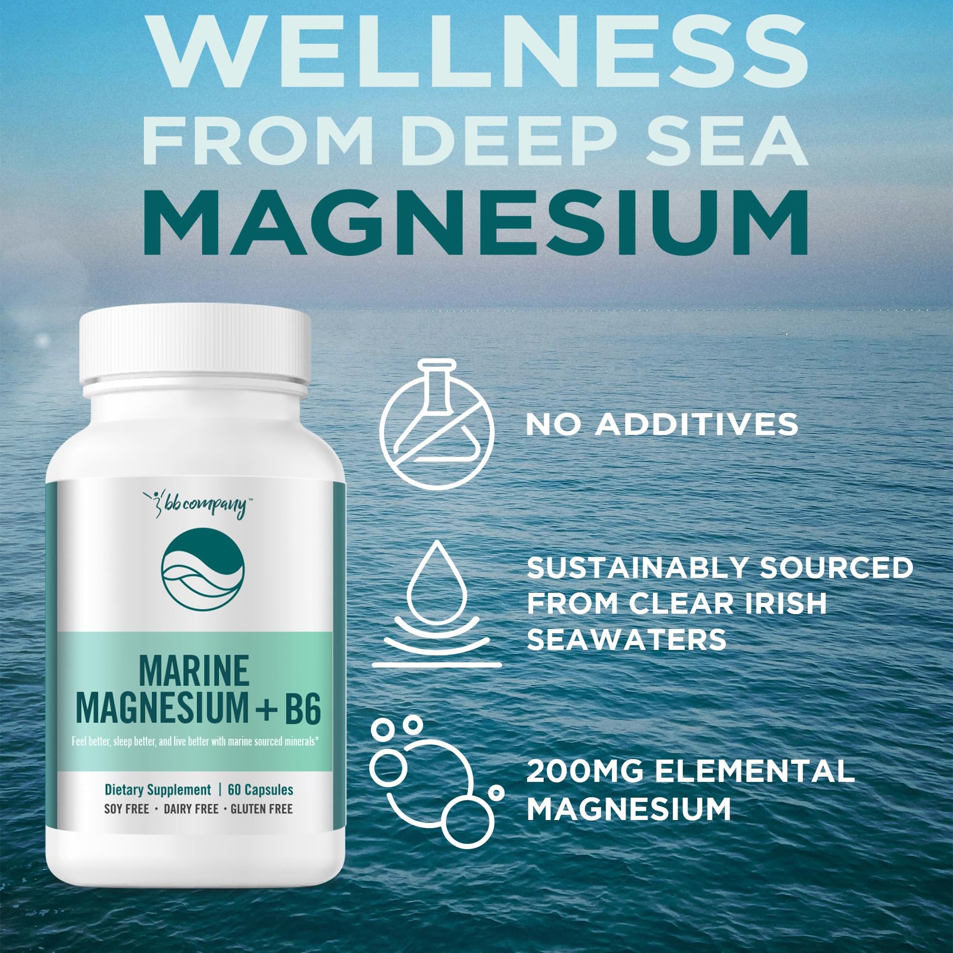 Ocean Magnesium 200mg Aquamin | More Soluble Than Magnesium Glycinate | Whole Food Mag B6 Supplement for Women | Gentle on Stomach & Vegan | Sleep Support, Calms Nerves & Leg Cramps | 60 Ct BB Company Au supplements