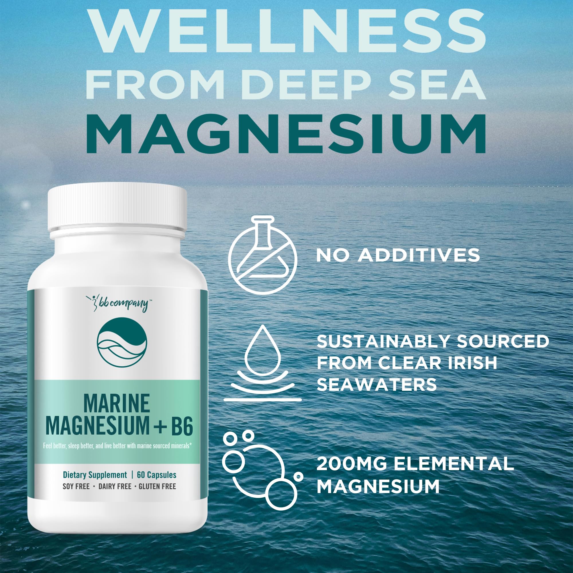 Ocean Magnesium 200mg Aquamin | More Soluble Than Magnesium Glycinate | Whole Food Mag B6 Supplement for Women | Gentle on Stomach & Vegan | Sleep Support, Calms Nerves & Leg Cramps | 60 Ct BB Company Au supplements