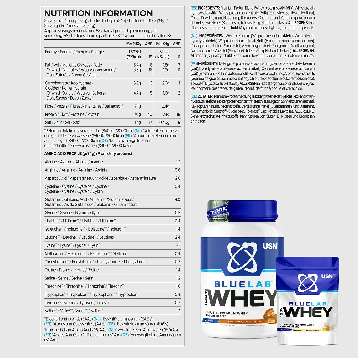 USN Blue Lab Whey Protein Powder: Chocolate Caramel - Whey Protein 908g USN Au supplements