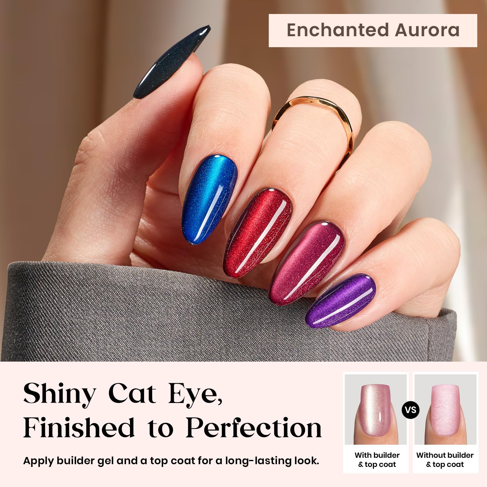 Beetles Cat Eye Nails Kit - Enchanted Aurora | 7 Colors Cat Eye Press On Nails Medium Almond | 224Pcs 16 Sizes All-in-One Kit With Nail Glue,Remover,Builder Top Coat,Nail Lamp Gift beetles Gel Polish Au supplements