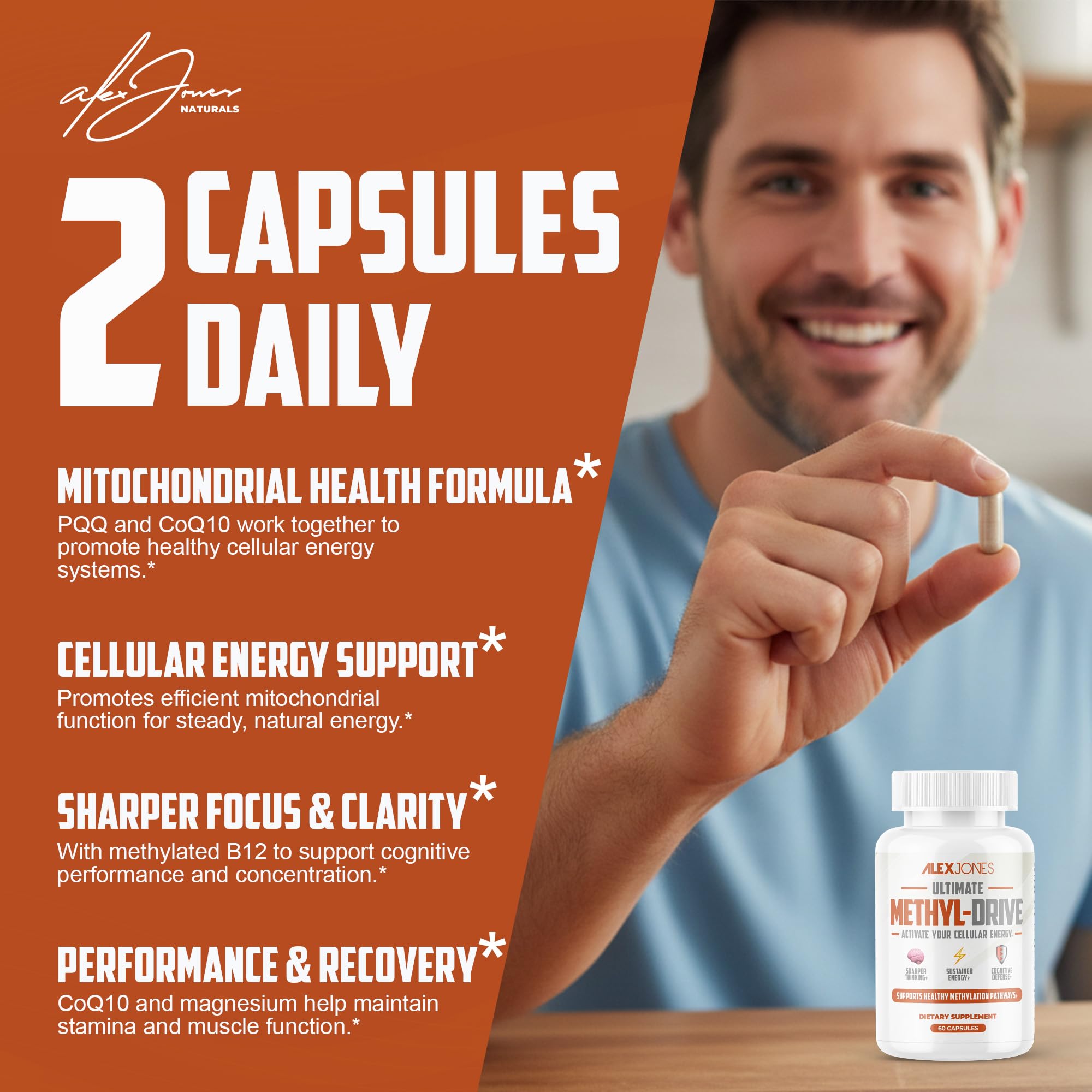 Alex Jones Naturals Methyl Drive Vitamin B Methylated Complex Formula – Mitochondrial Support Supplement w/ CoQ10, PQQ Supplement, Magnesium, B Methylated Complex & BioPerine – 60 Capsules Alex Jones Naturals Au supplements