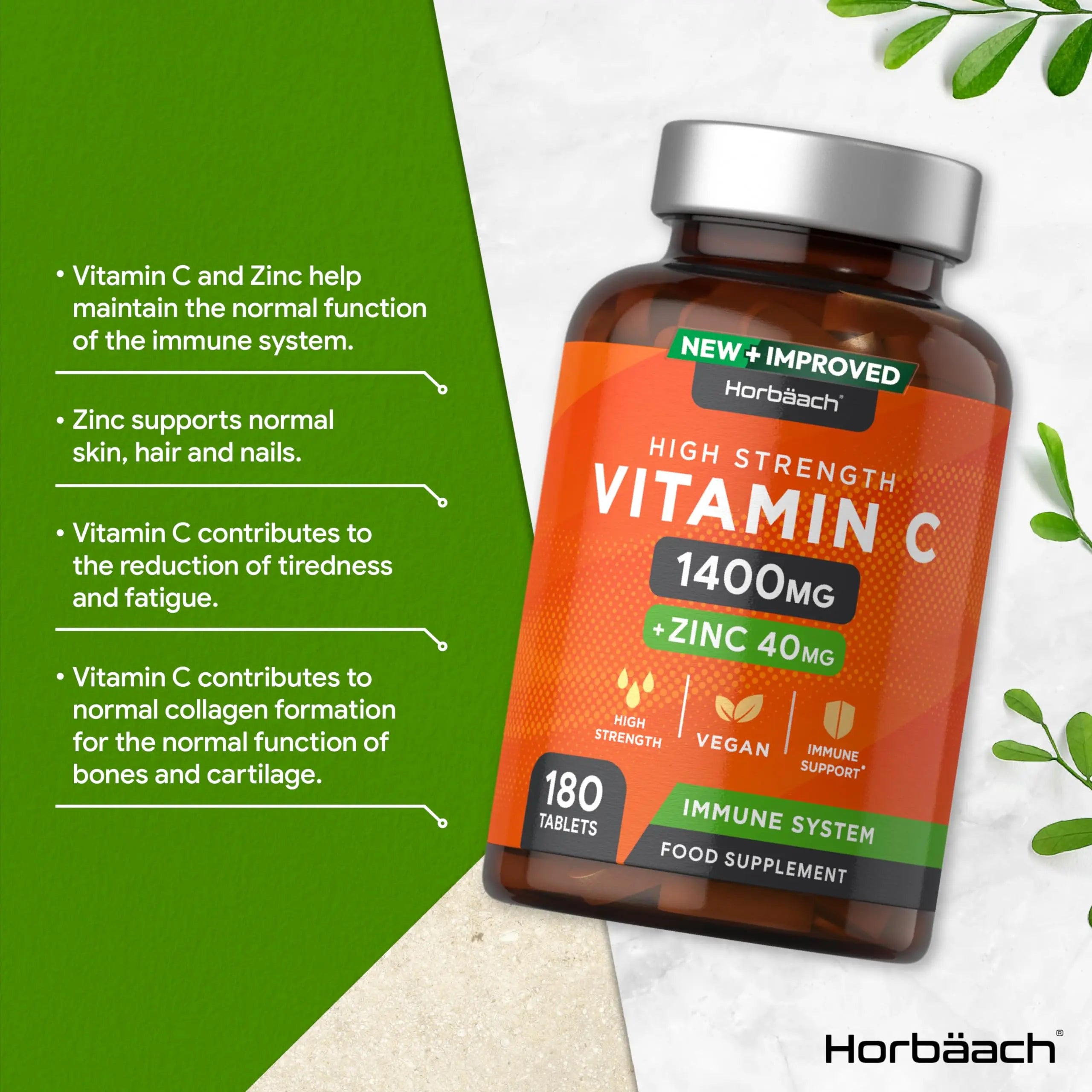 Vitamin C and Zinc | 180 Vegan Tablets | High Strength Vitamin C 1400mg and Zinc 40mg Horbäach Au supplements