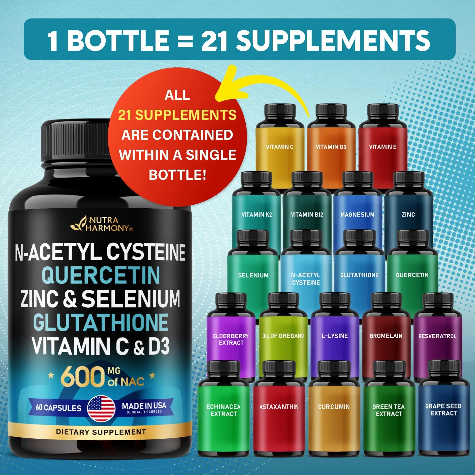 NAC 600 mg Supplement | Quercetin | Zinc | Glutathione | Selenium | Vitamin C & D3 NUTRAHARMONY Au supplements