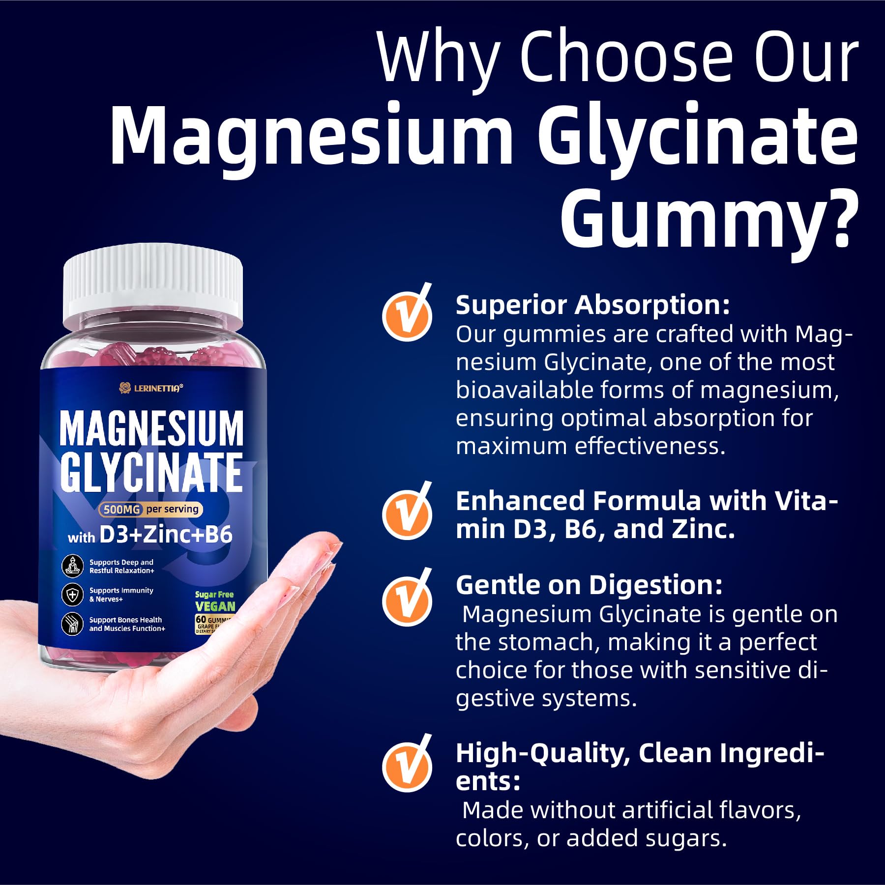 Magnesium Glycinate 500mg/250mg for Adults Teens - Plus D3,B6 & Zinc - Magnesium Glycinate Gummies,High Absorption - Support for Relaxation,Brain,Bone & Immunity Health - Sugar Free - 120Cts Lerinettia Au supplements