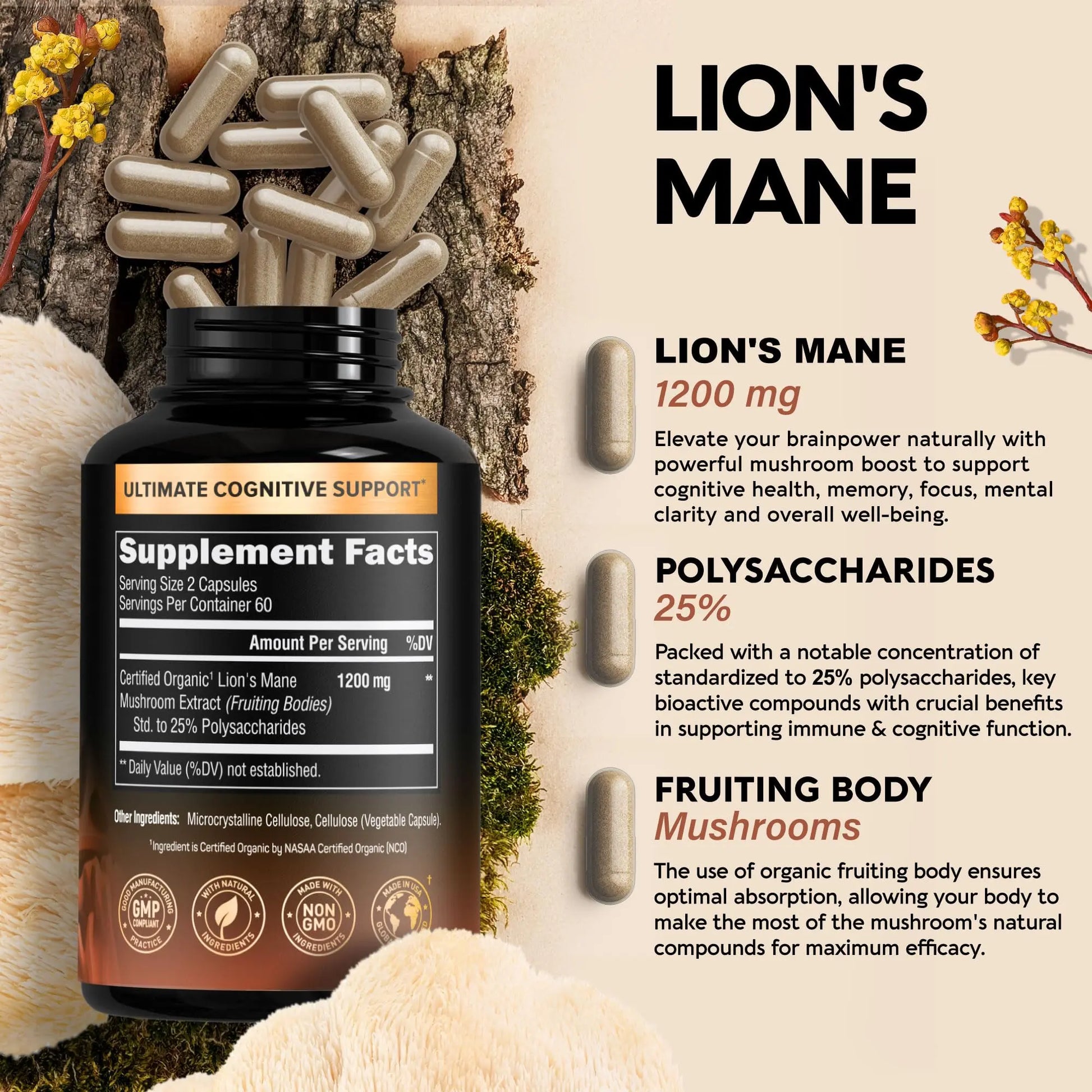 Organic Lions Mane - Certified Mushroom Supplement - Made in USA - Fruiting Bodies NUTRAHARMONY Au supplements