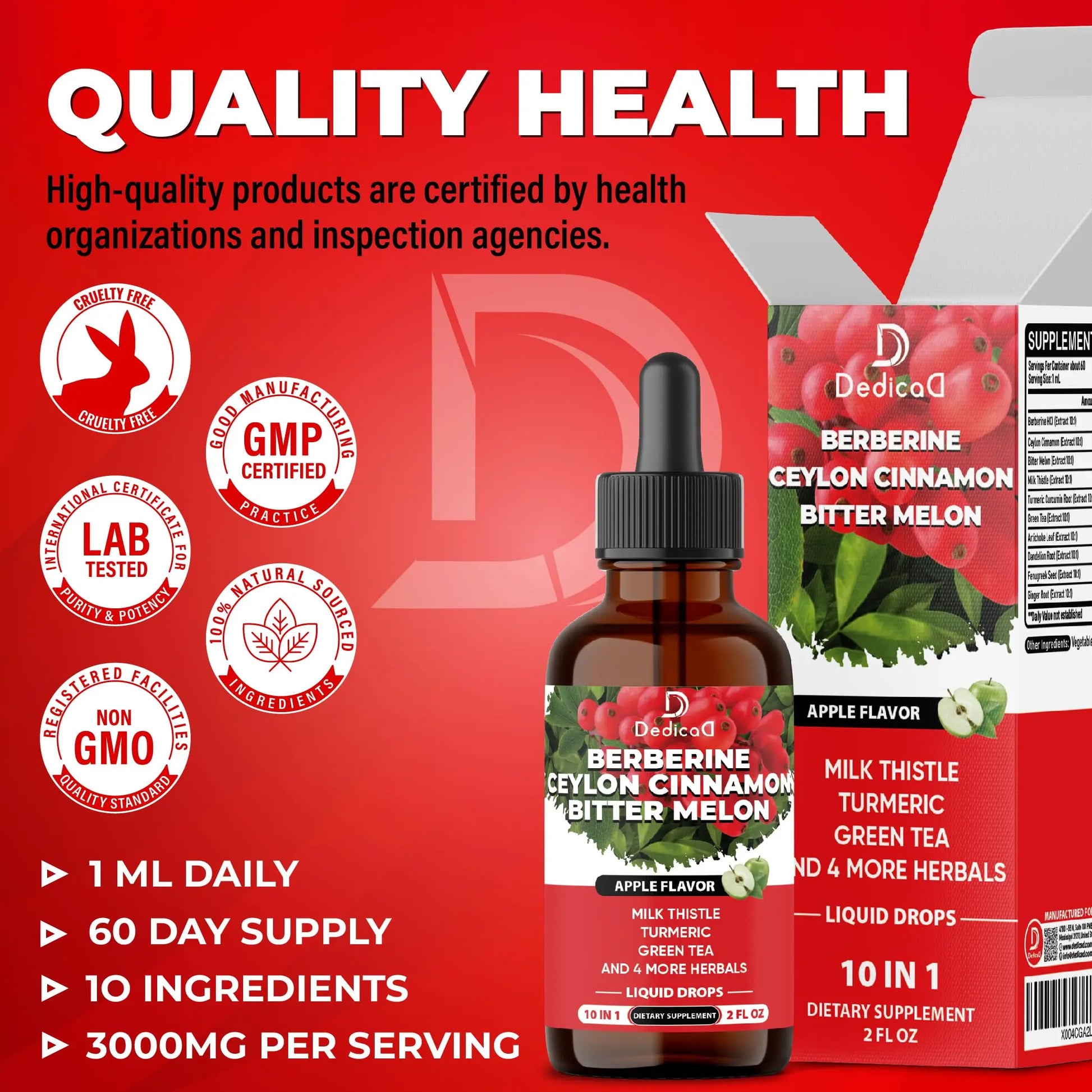 DEDICAD 10in1 Berberine HCl Drops - Liposomal Berberine Liquid - Activator Berberine with Ceylon Cinnamon, Bitter Melon, and 7 More - 60ml DEDICAD Au supplements