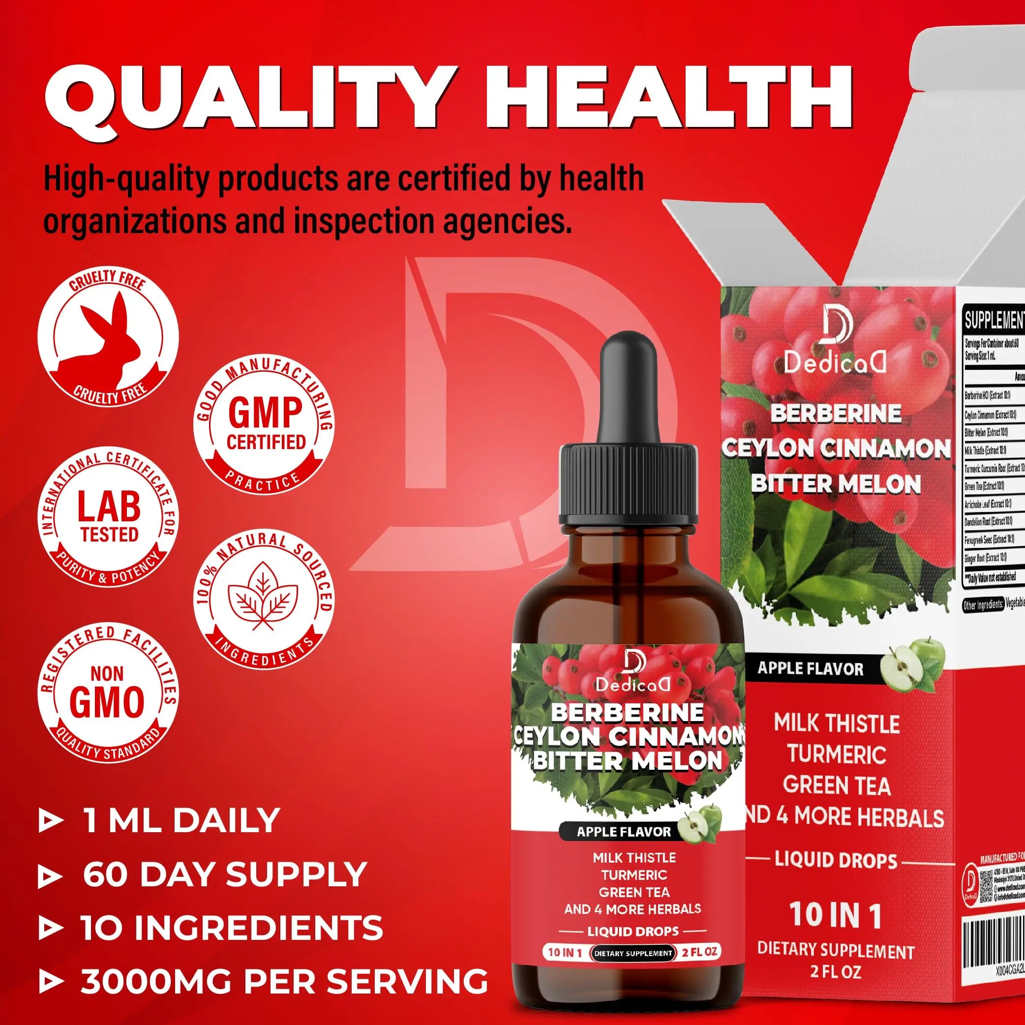 DEDICAD 10in1 Berberine HCl Drops - Liposomal Berberine Liquid - Activator Berberine with Ceylon Cinnamon, Bitter Melon, and 7 More - 60ml DEDICAD Au supplements