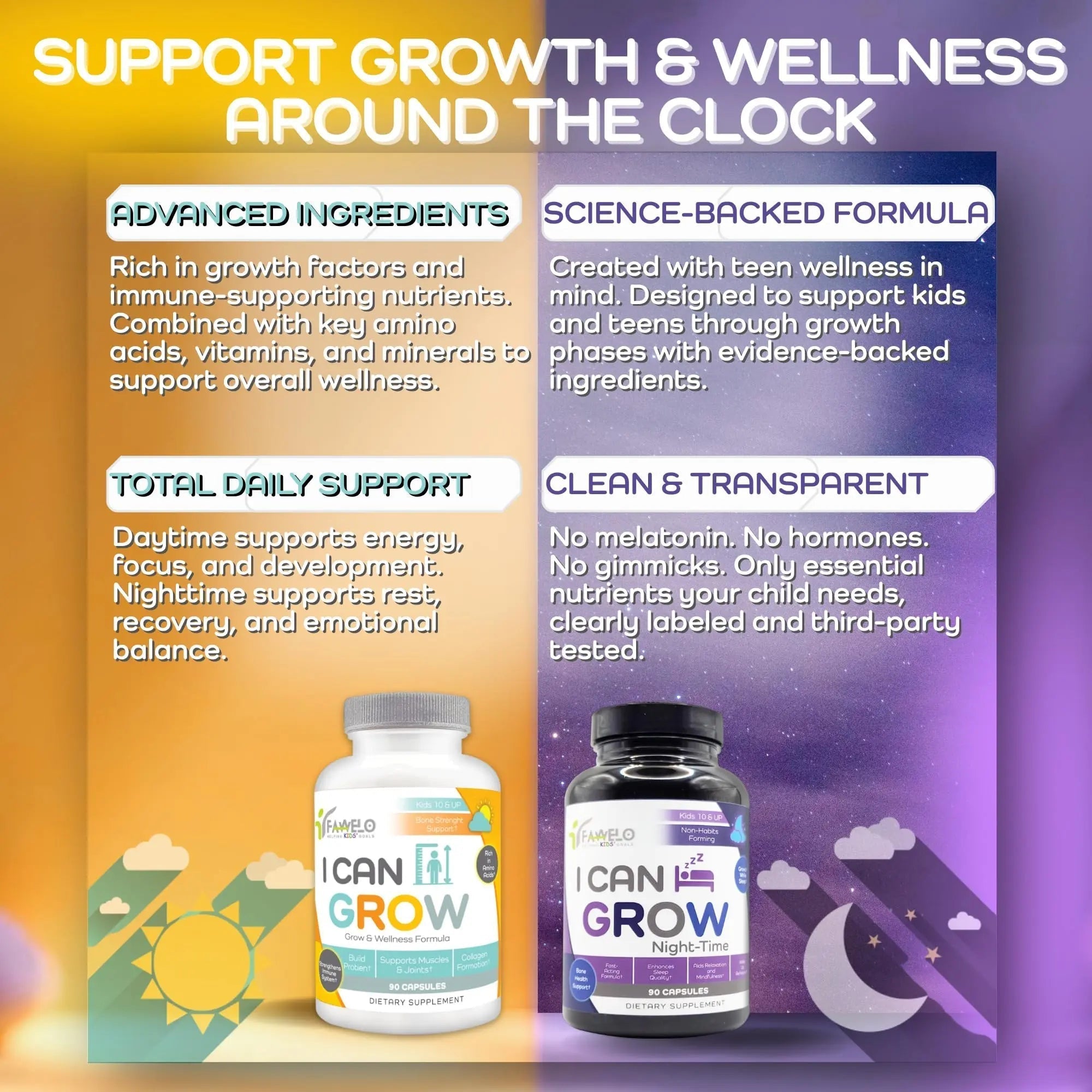 Fawelo I Can Grow Day-Time for Kids 10+ & Teens | Growth & Development Support with L-Arginine, Colostrum, Calcium, D3, Magnesium, Zinc | Fawelo Au supplements