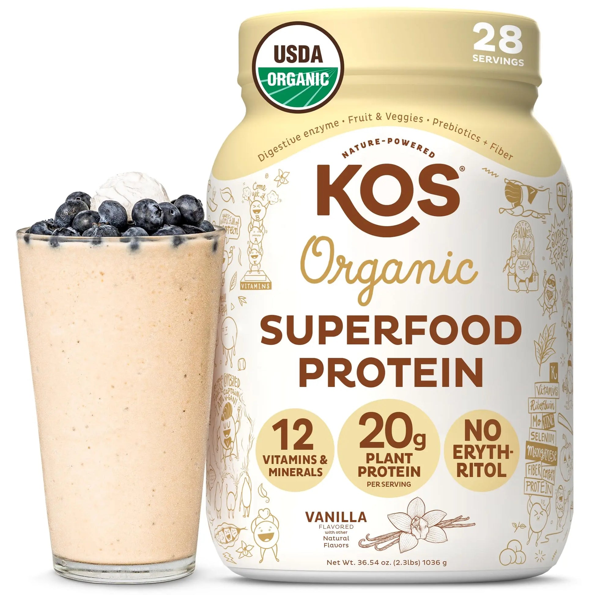 KOS Vegan Protein Powder Erythritol Free, Vanilla USDA Organic - Pea Protein Blend, Plant Based Superfood Rich in Vitamins & Minerals - Keto, Dairy Free - Meal Replacement for Women & Men, 28 Servings KOS Au supplements