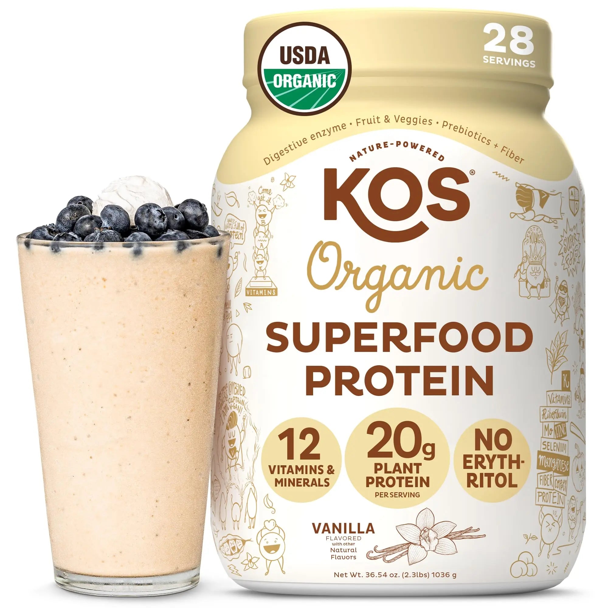 KOS Vegan Protein Powder Erythritol Free, Vanilla USDA Organic - Pea Protein Blend, Plant Based Superfood Rich in Vitamins & Minerals - Keto, Dairy Free - Meal Replacement for Women & Men, 28 Servings KOS Au supplements